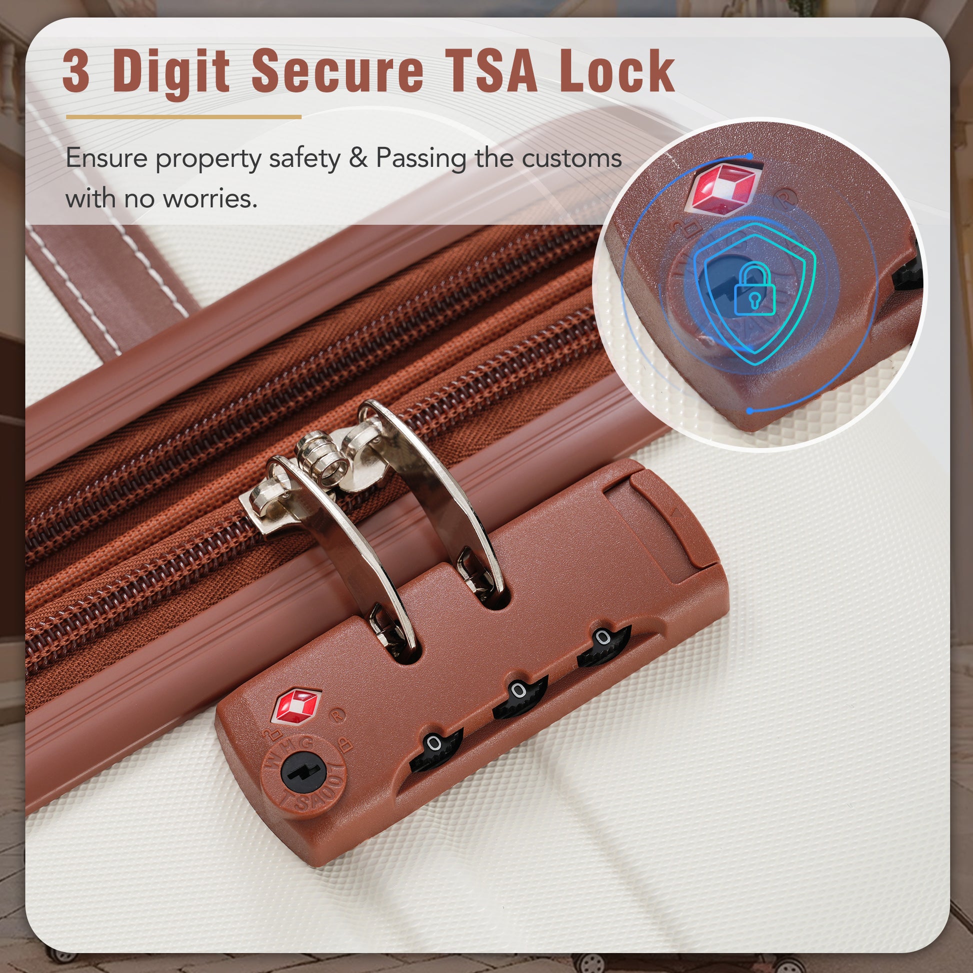 Brown  digit TSA lock with silver clasps and embossed numbers for luggage security