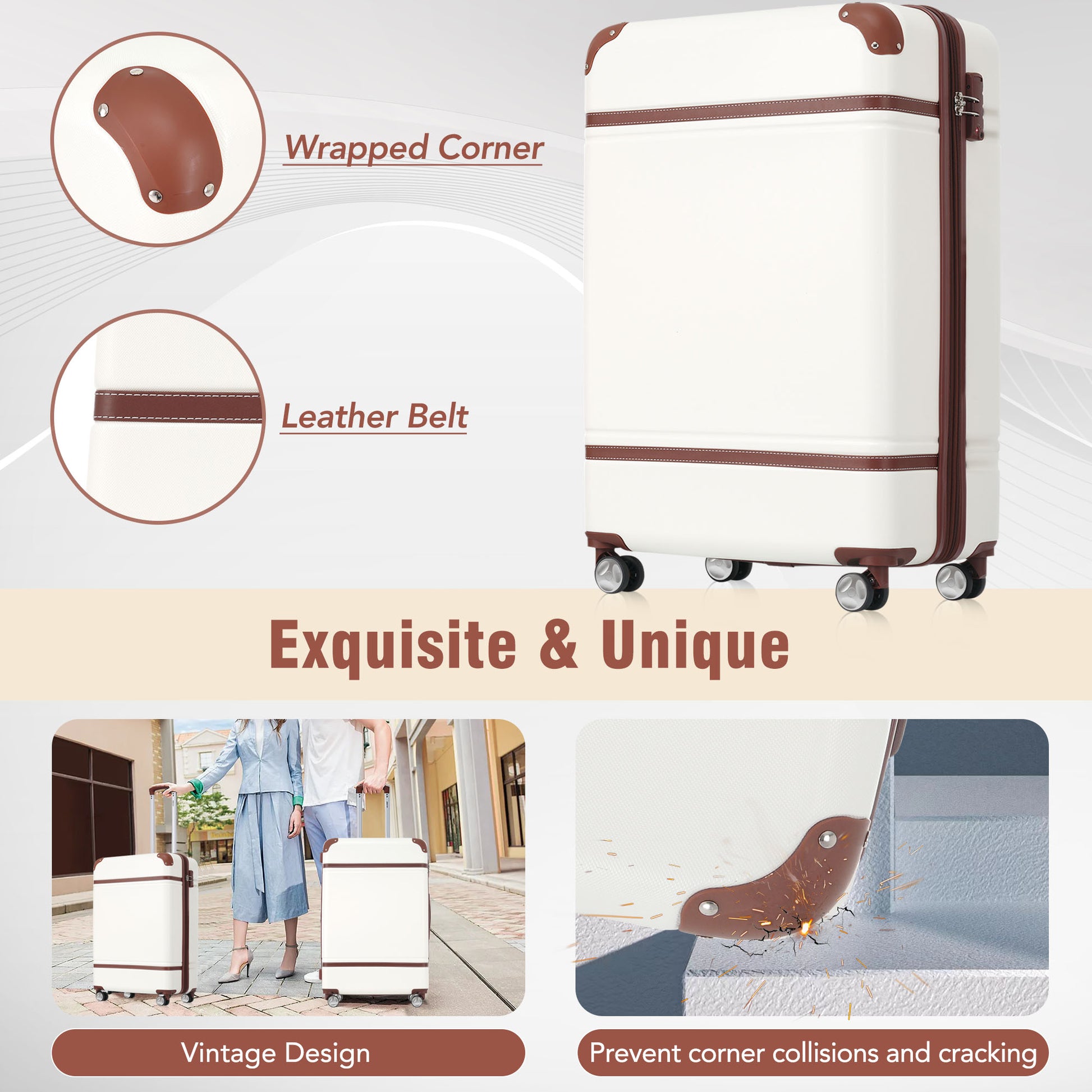 White vintage suitcase with brown leather trim and reinforced corners