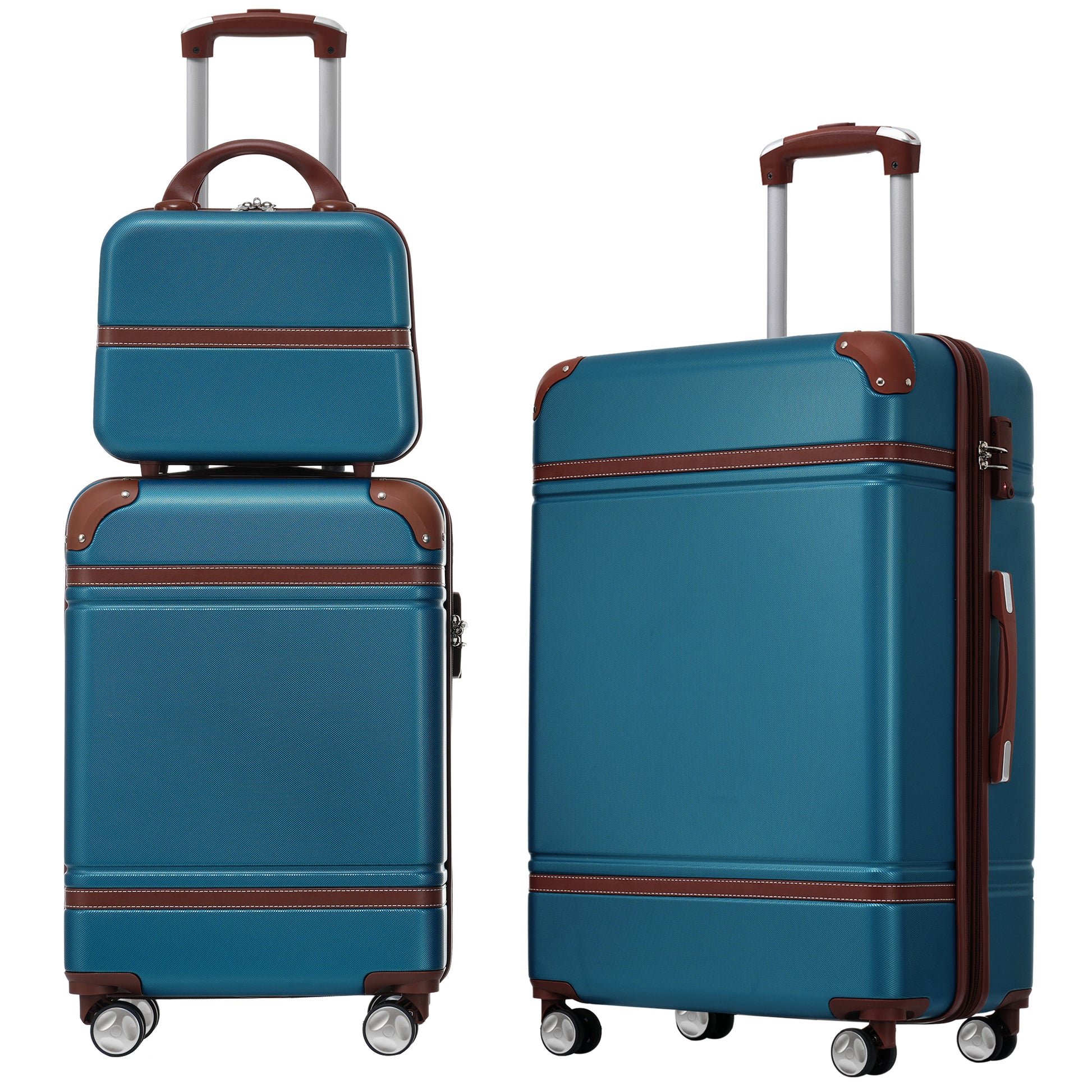 Teal hardshell travel suitcase with brown trim and telescopic handle