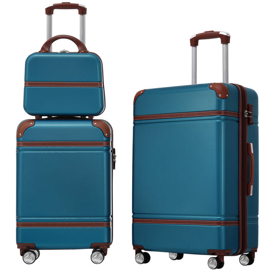 Teal hardshell travel suitcase with brown trim and telescopic handle