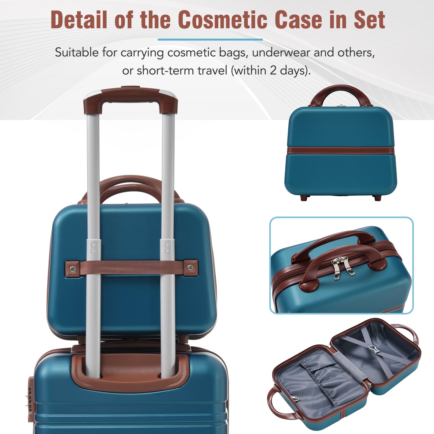 Teal hardshell cosmetic case with brown trim and leather handle perfect for travel