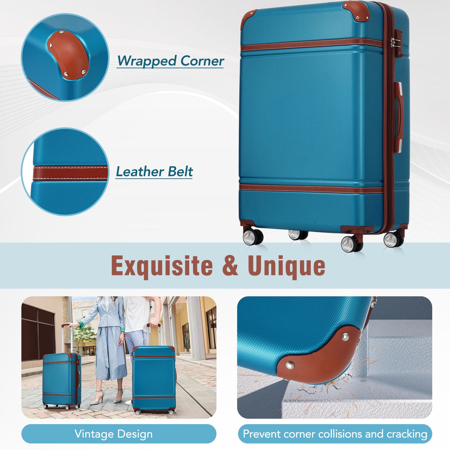 Teal vintage luggage with brown leather trim and silver wheels perfect for travel