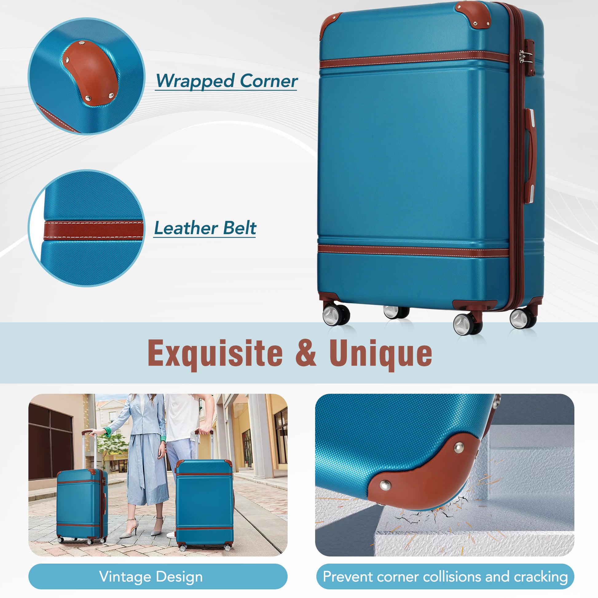 Teal vintage luggage with brown leather trim and silver wheels perfect for travel