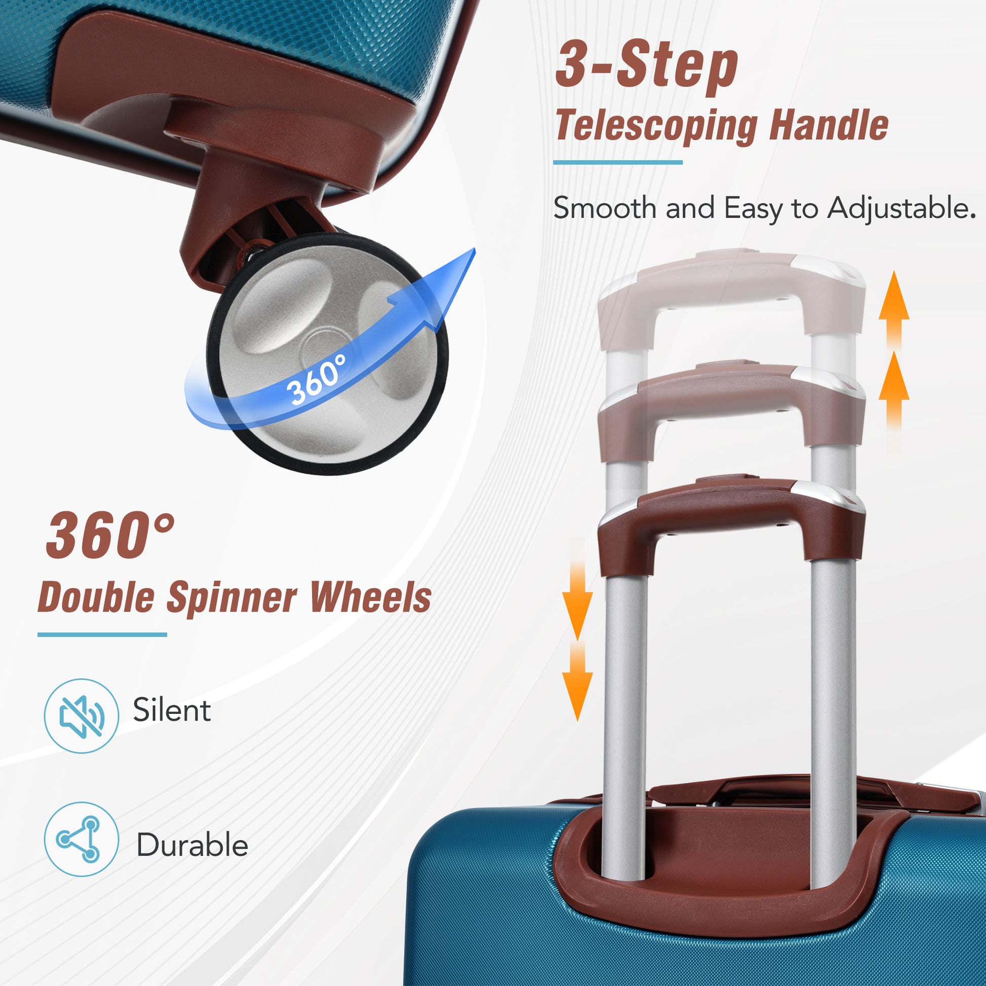 Teal luggage with  degree double spinner wheels and silent durable features