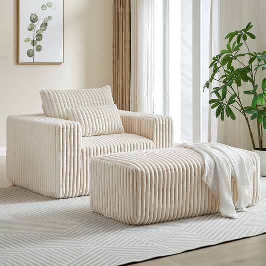 Cream corduroy armchair with plush cushions and matching ottoman modern living room furniture