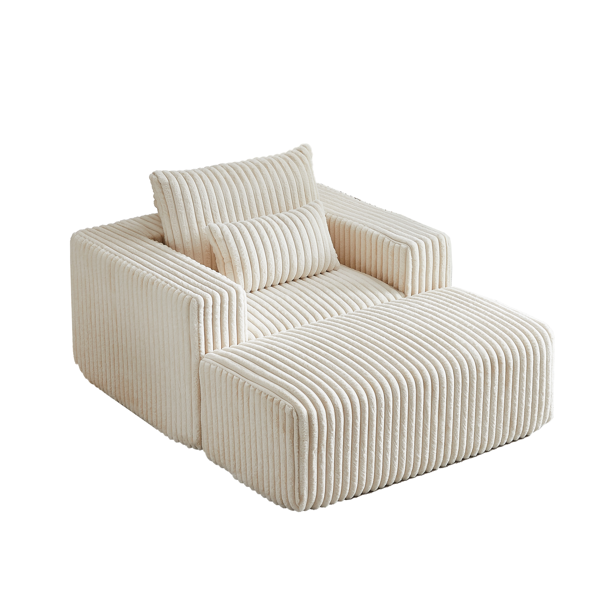 Cream corduroy sectional sofa with a modern plush design and matching ottoman