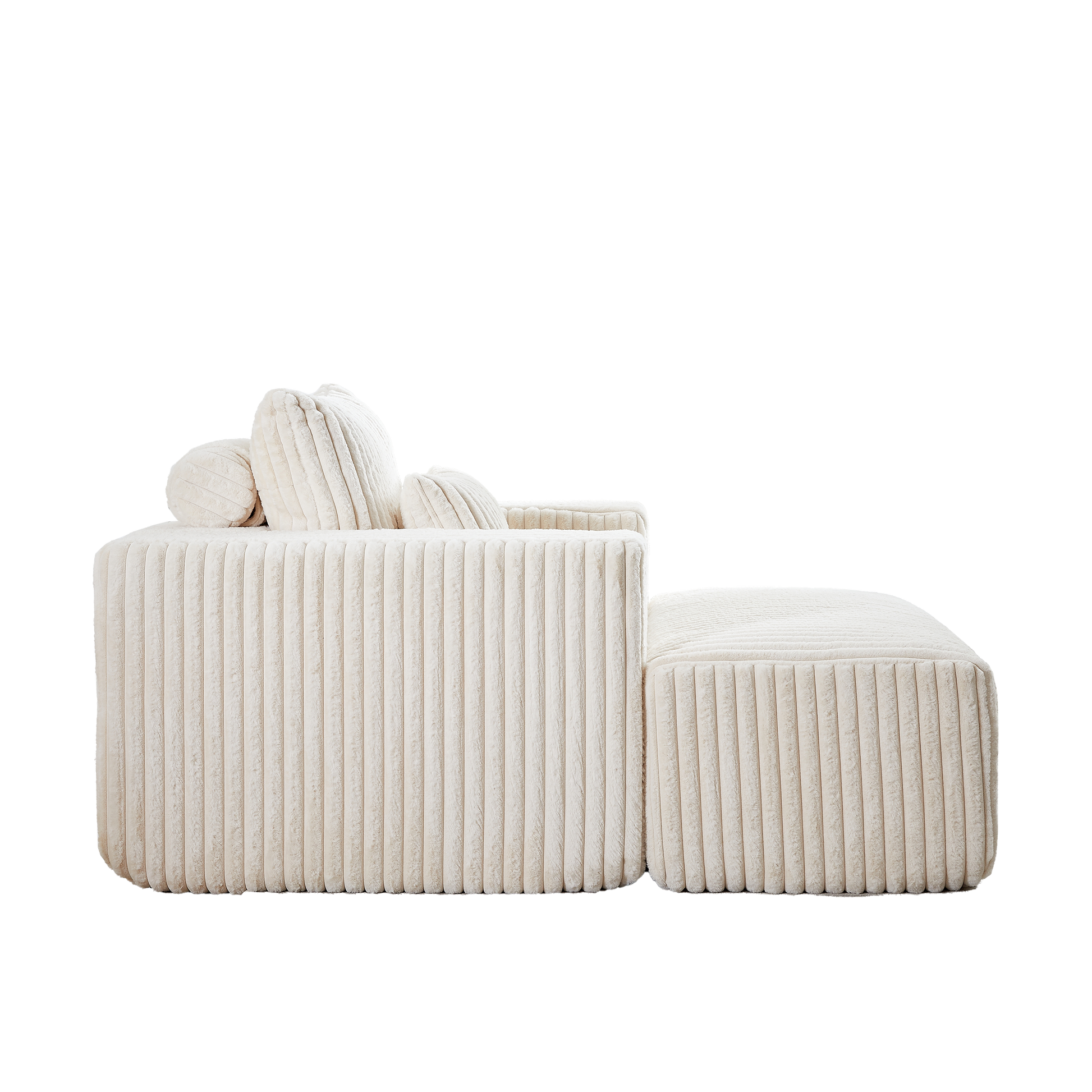 Plush corduroy beige sofa section with rounded cushions and a modular ottoman