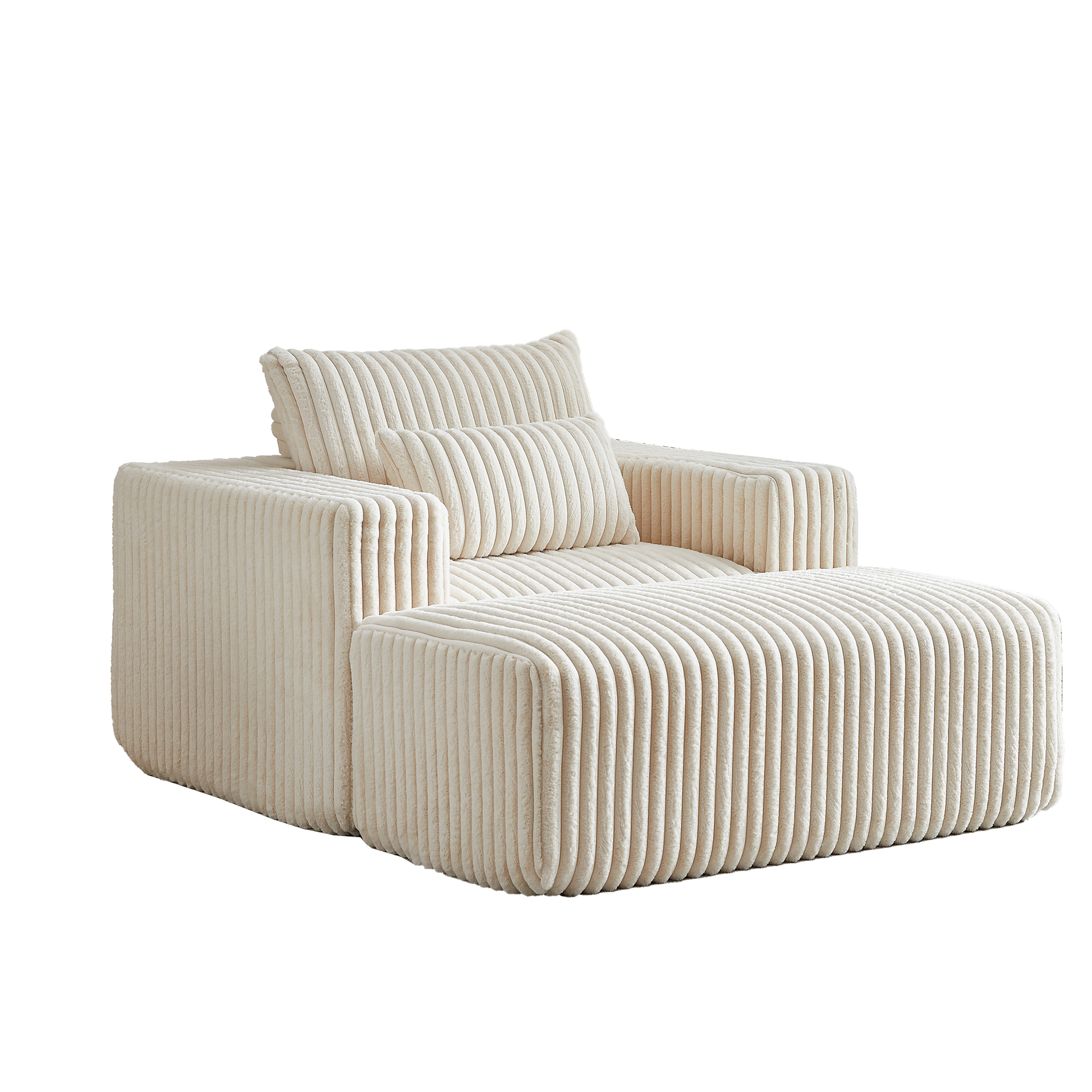 Cream corduroy modular sofa section with plush fabric and ottoman
