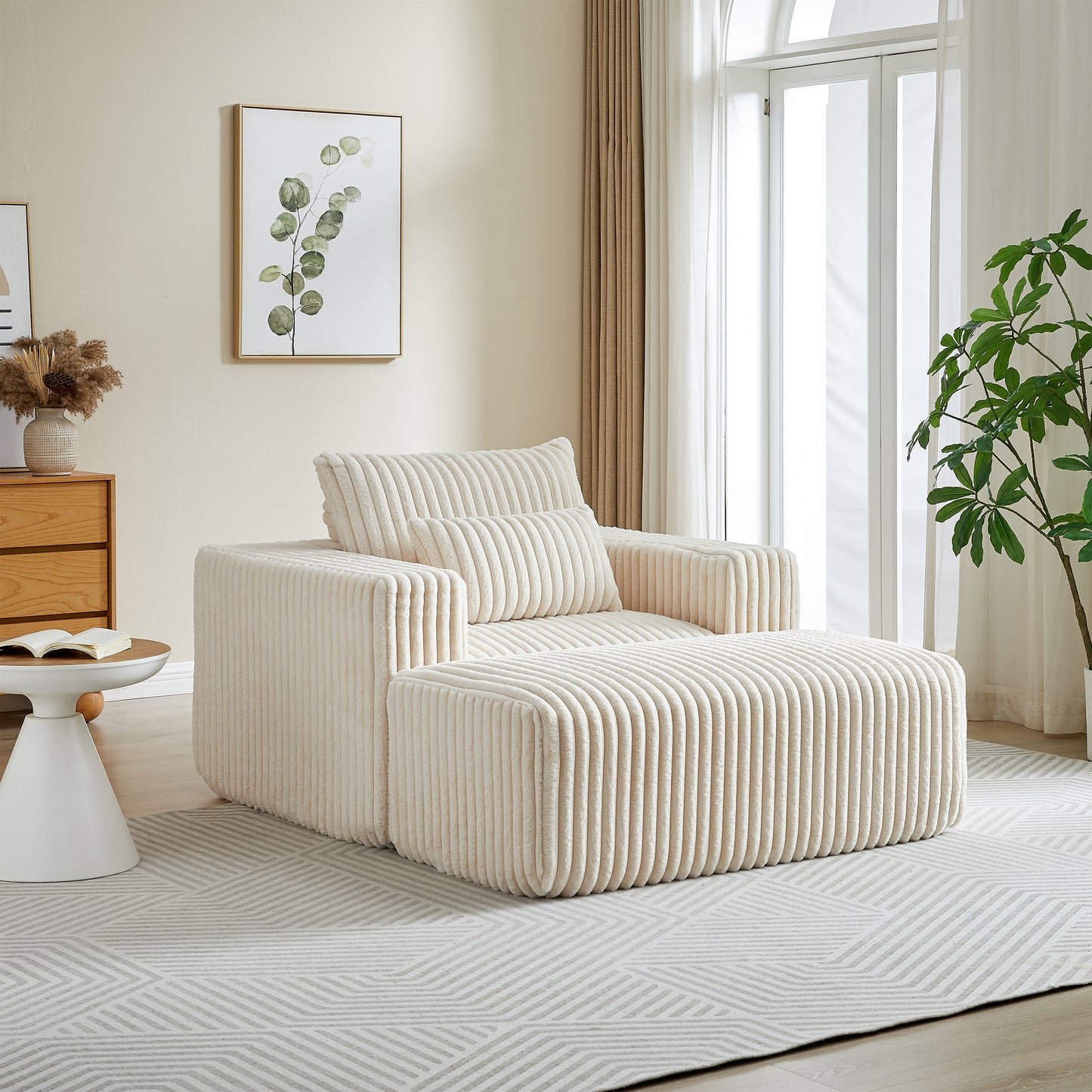 Cozy cream corduroy modular sofa with plush cushions and an ottoman perfect for modern living rooms