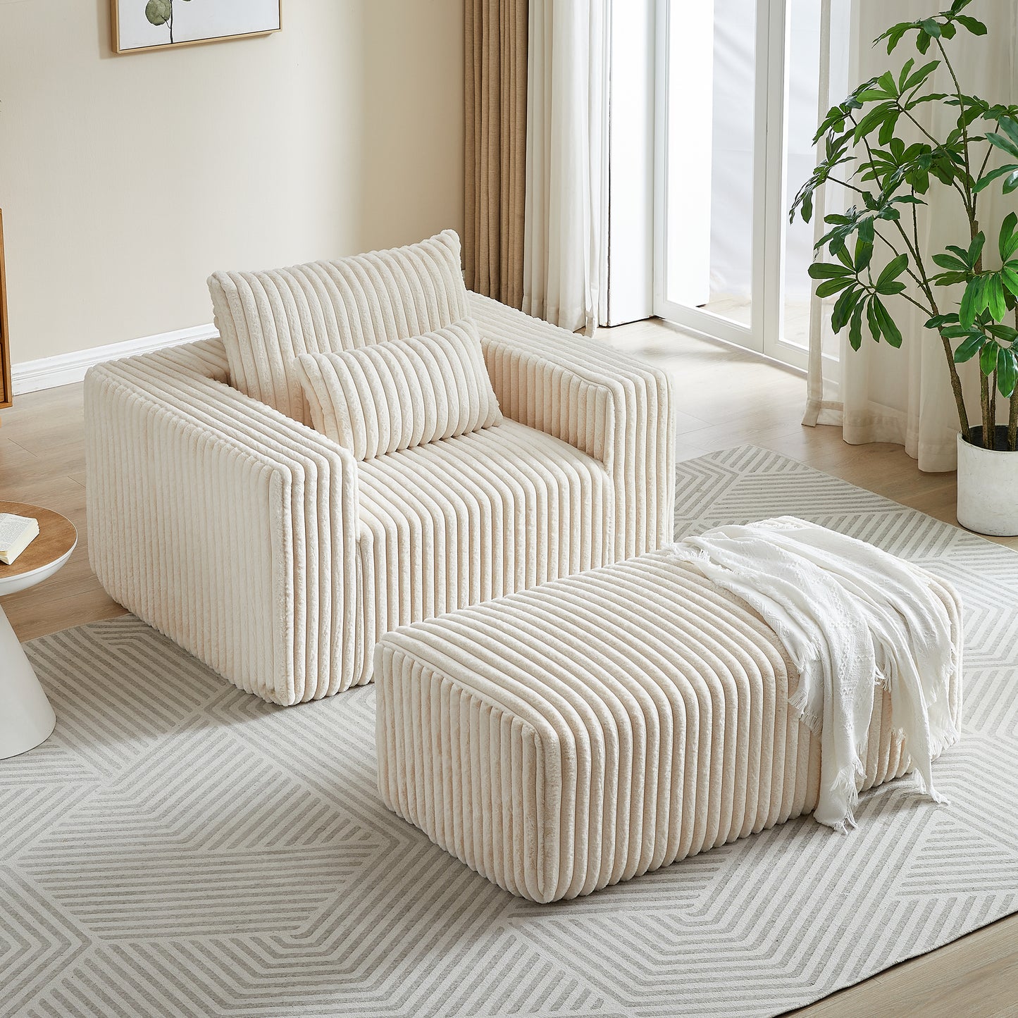 Cream corduroy accent chair with matching ottoman and throw pillow for living room comfort