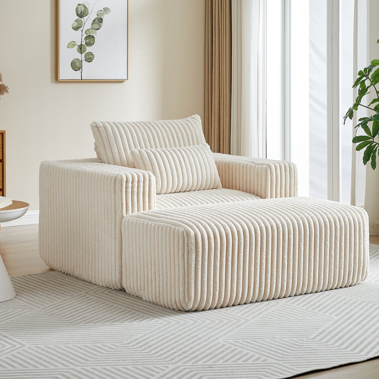 Plush cream corduroy sectional sofa with ottoman and accent pillow
