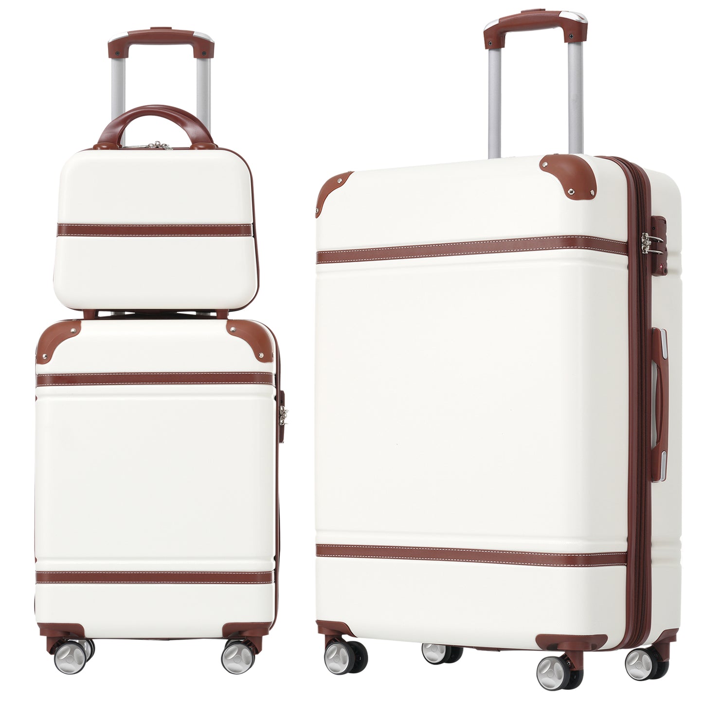 Two white hard shell luggage pieces with brown trim featuring spinner wheels and telescoping handles