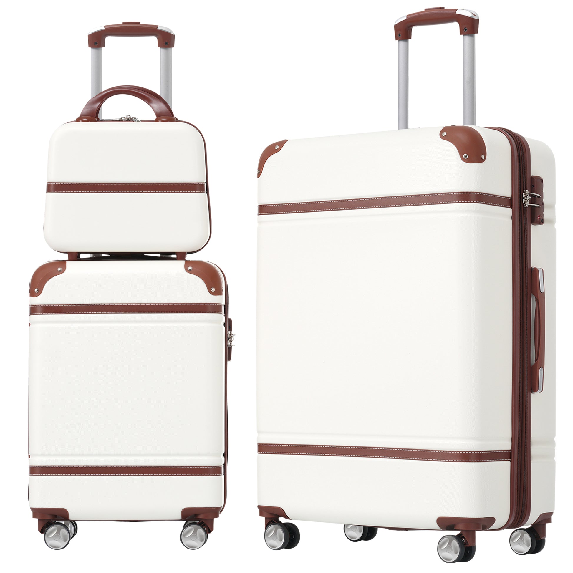 Two white hard shell luggage pieces with brown trim featuring spinner wheels and telescoping handles