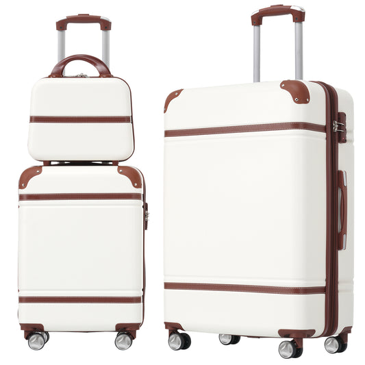Two white hard shell luggage pieces with brown trim featuring spinner wheels and telescoping handles