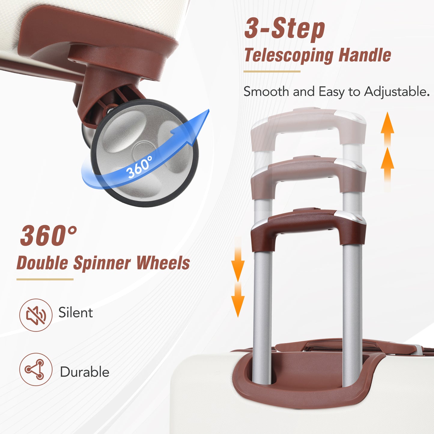 White suitcase with dual spinner wheels for easy maneuverability