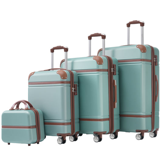 Teal polycarbonate suitcase set with brown leather trim and spinner wheels