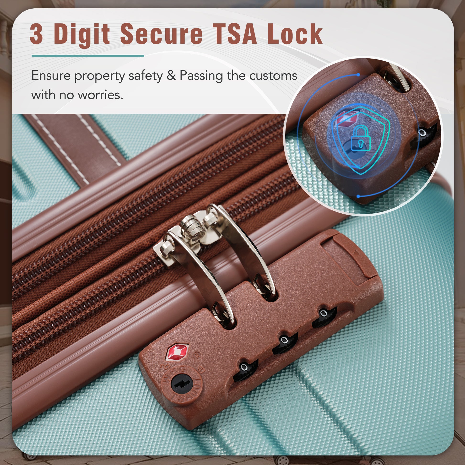 Brown digit TSA lock with metal clasps on a light blue textured suitcase