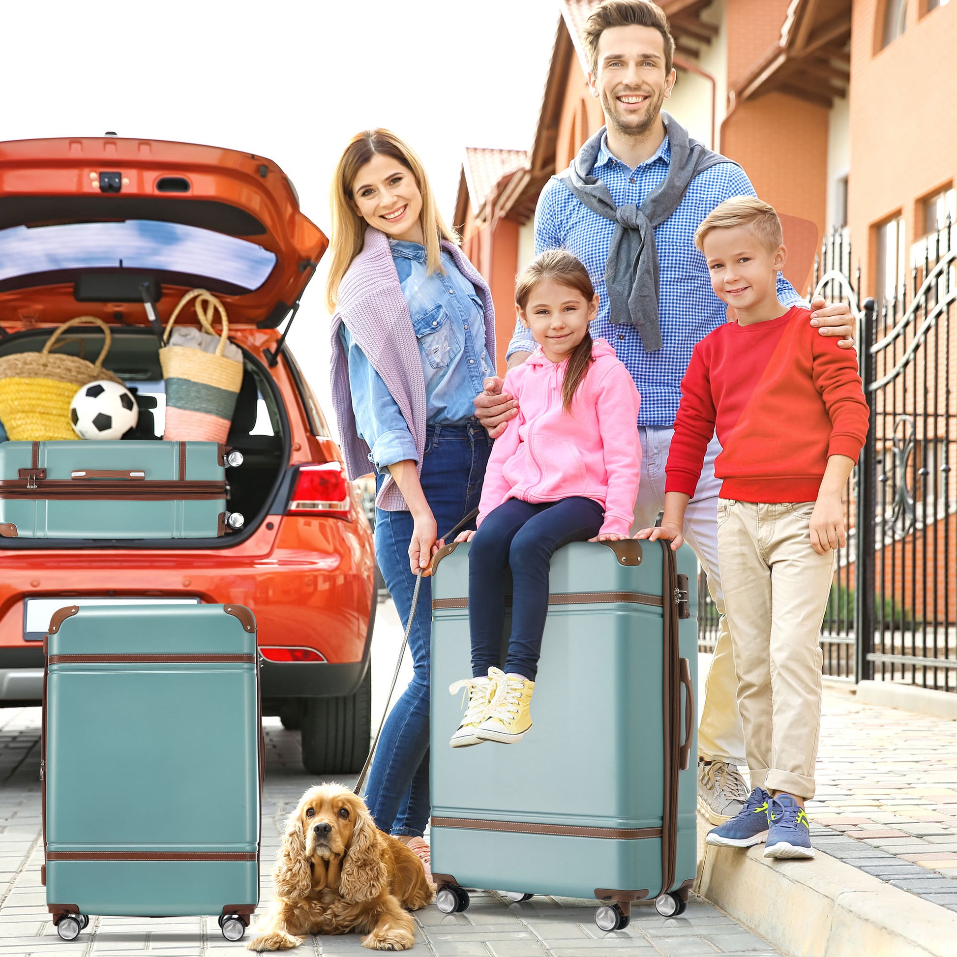 Classic teal luggage with brown trim perfect for family road trips
