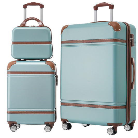 Set of two teal hardshell suitcases with brown leather trim and silver wheels