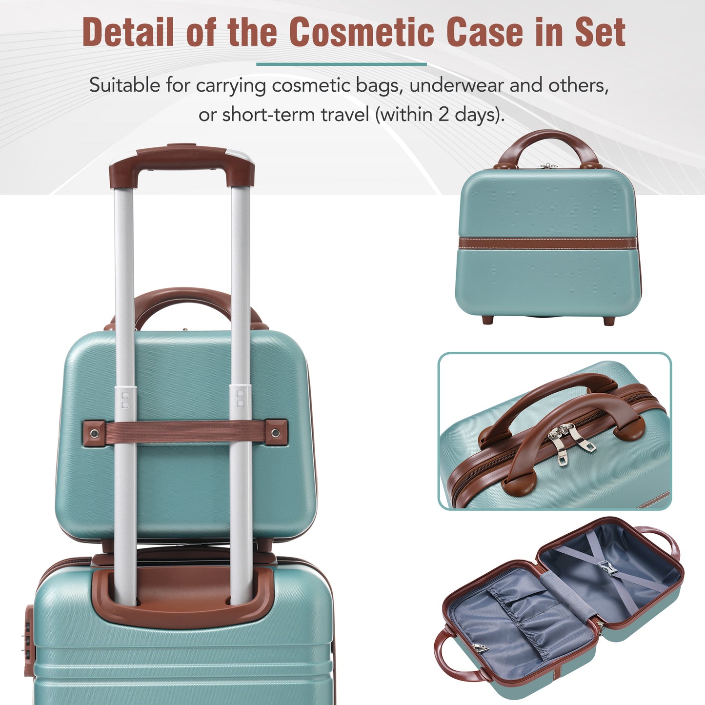 Teal ABS cosmetic case with brown trim and leather handles perfect for travel