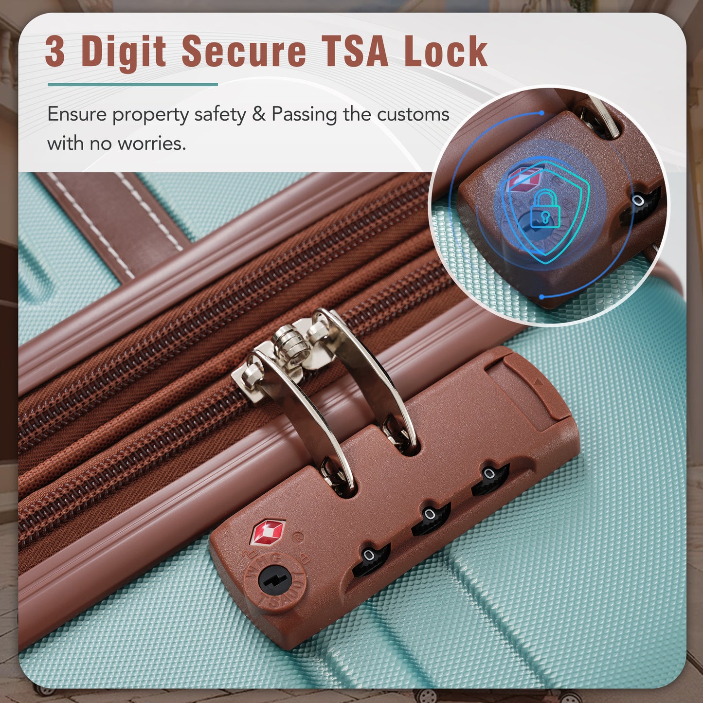 Brown digit TSA lock on a light blue textured suitcase ensuring travel safety
