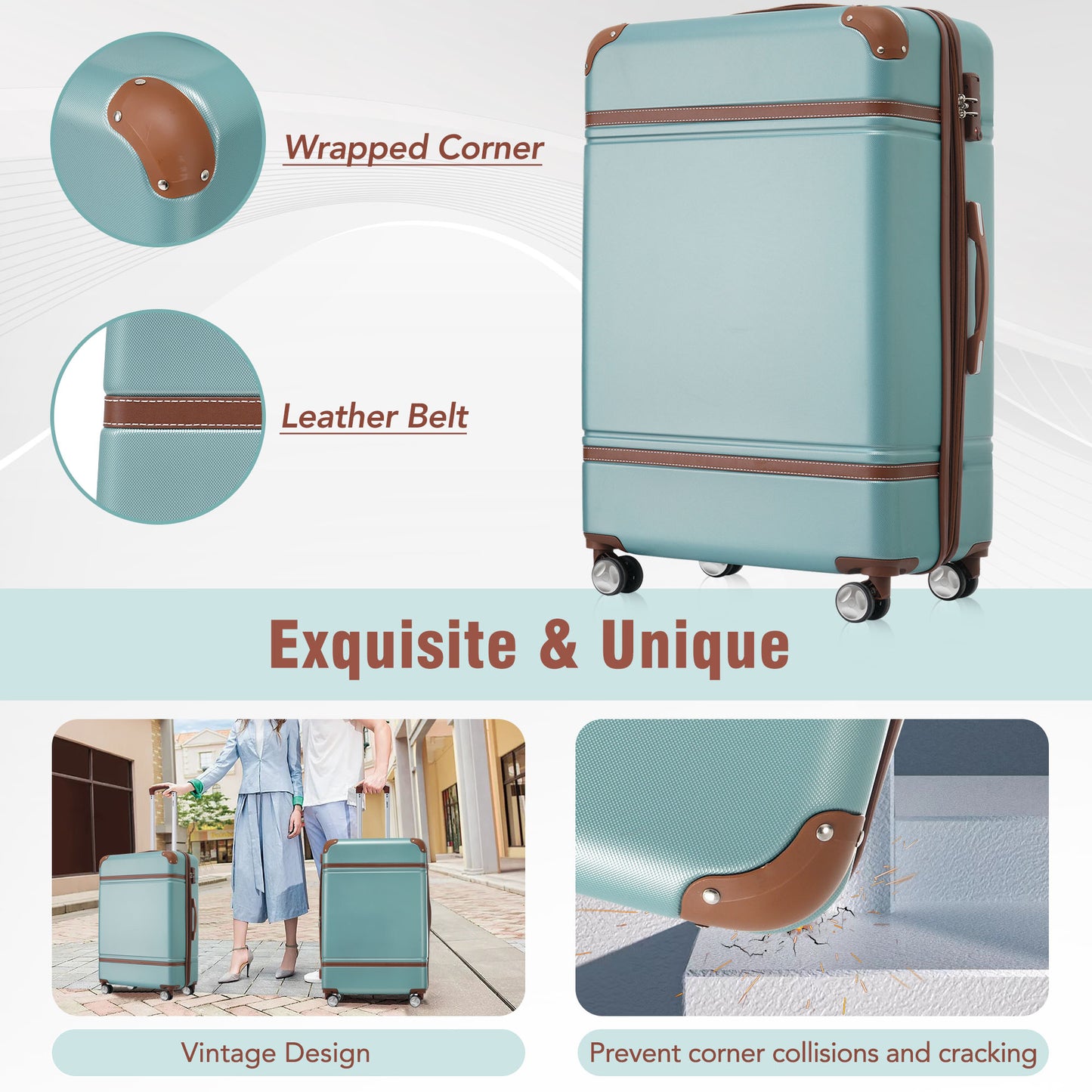 Teal vintage suitcase with brown leather accents and reinforced corners for travel