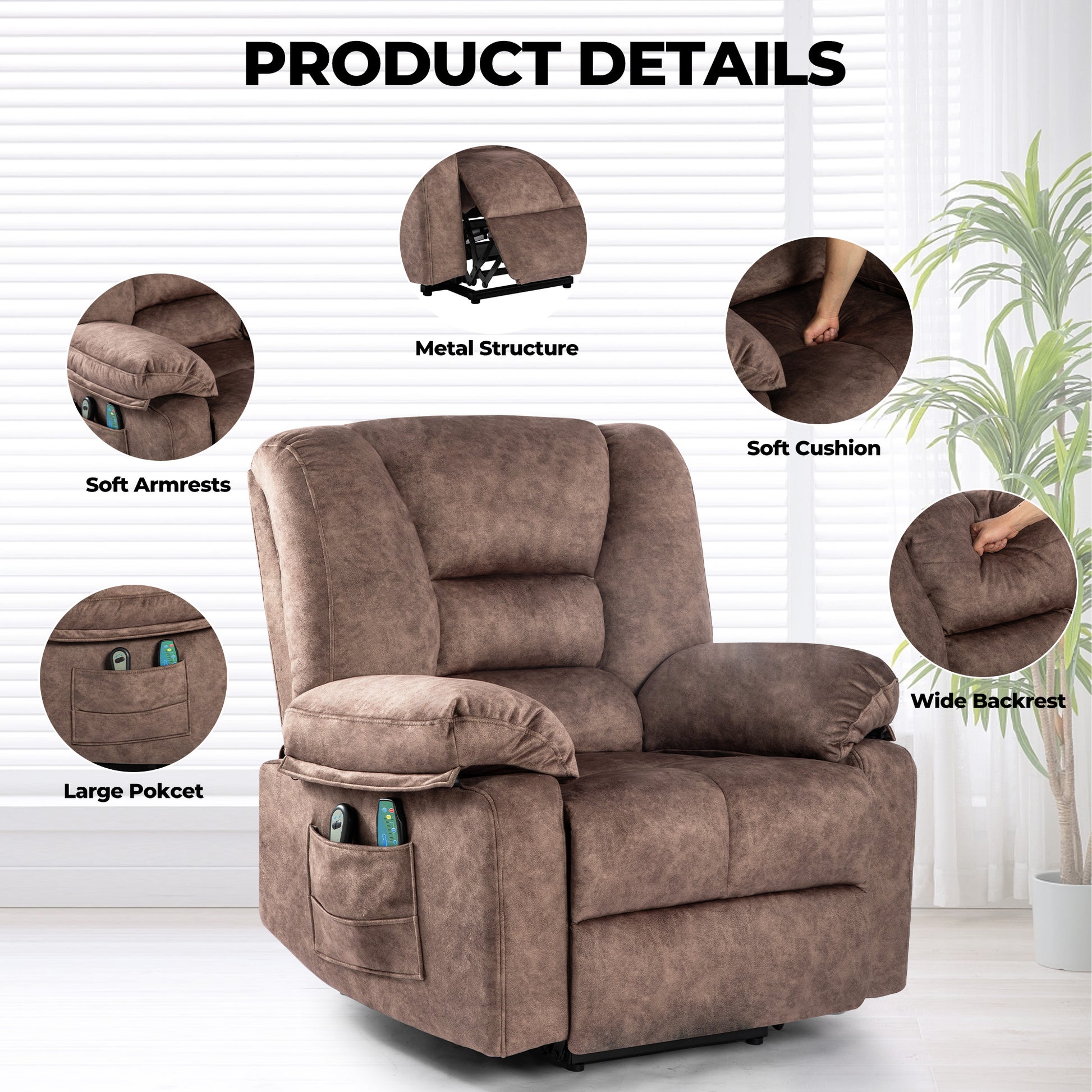 Brown recliner chair with plush upholstery soft armrests and large pockets for remote storage