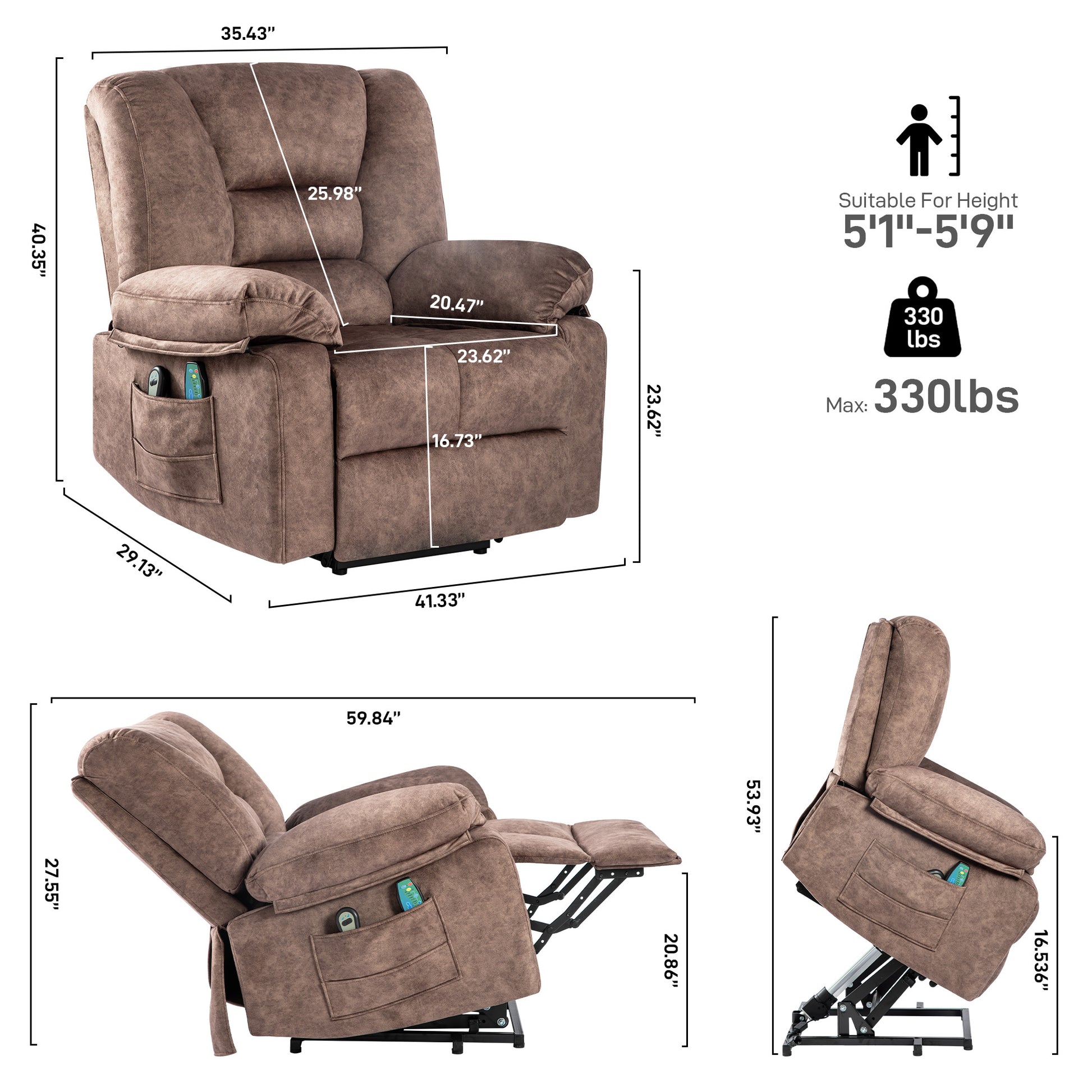 Brown upholstered power lift recliner chair with side pockets and remote
