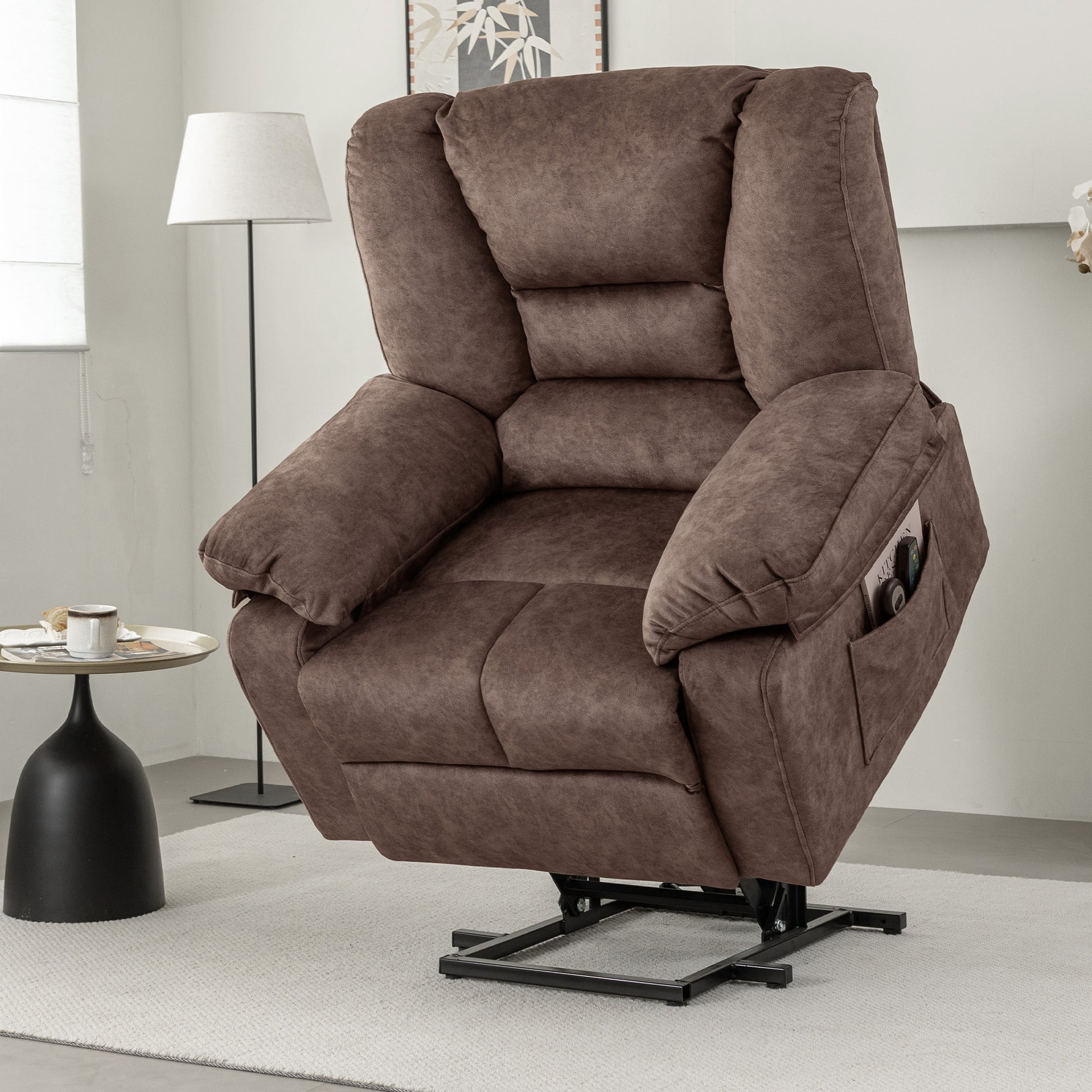 Brown fabric power lift recliner chair with plush cushioning and side pocket