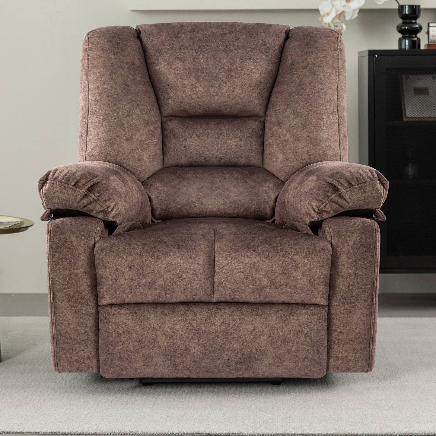 Plush brown fabric recliner chair with padded armrests for ultimate comfort