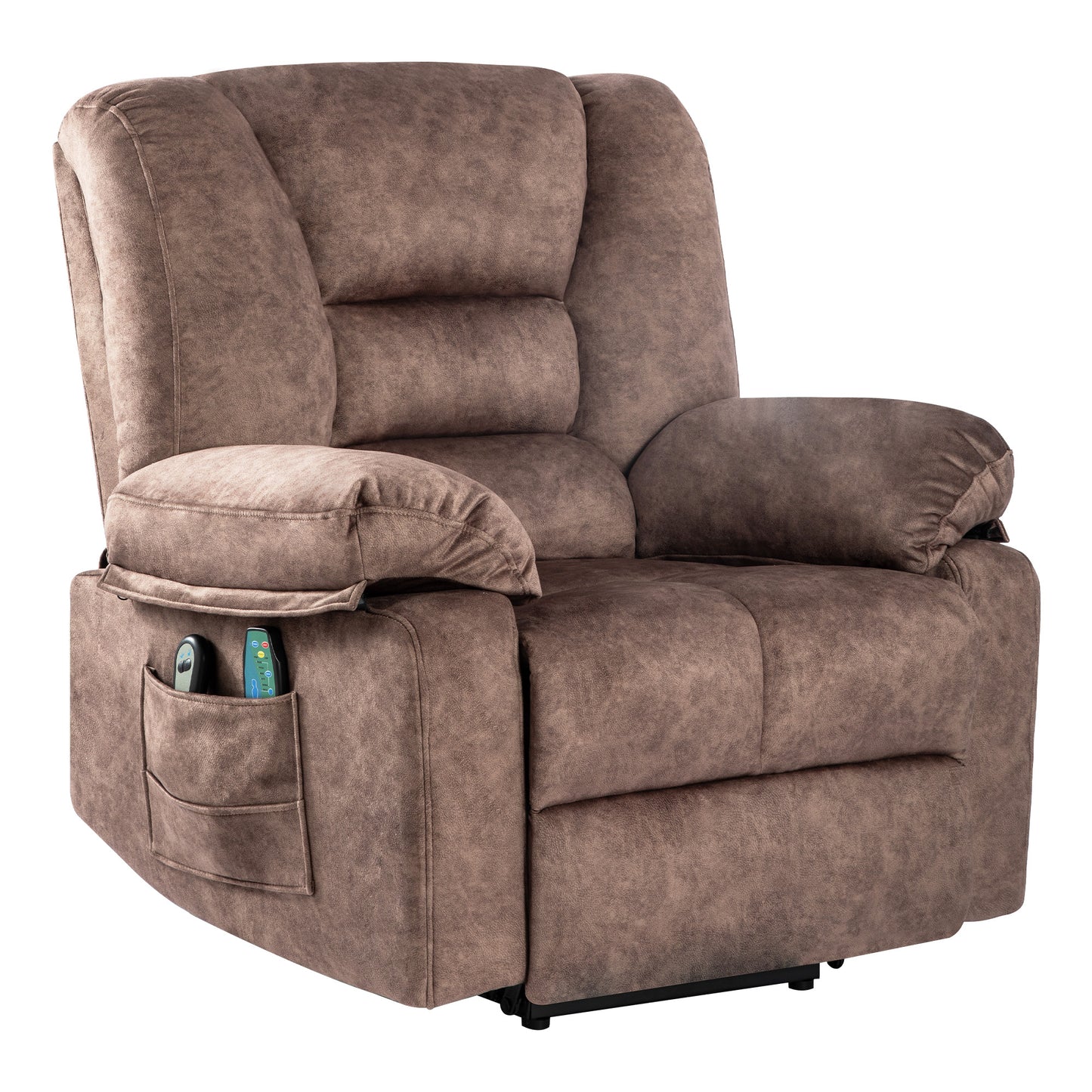 Brown fabric recliner chair with media pocket and remotes  chars
