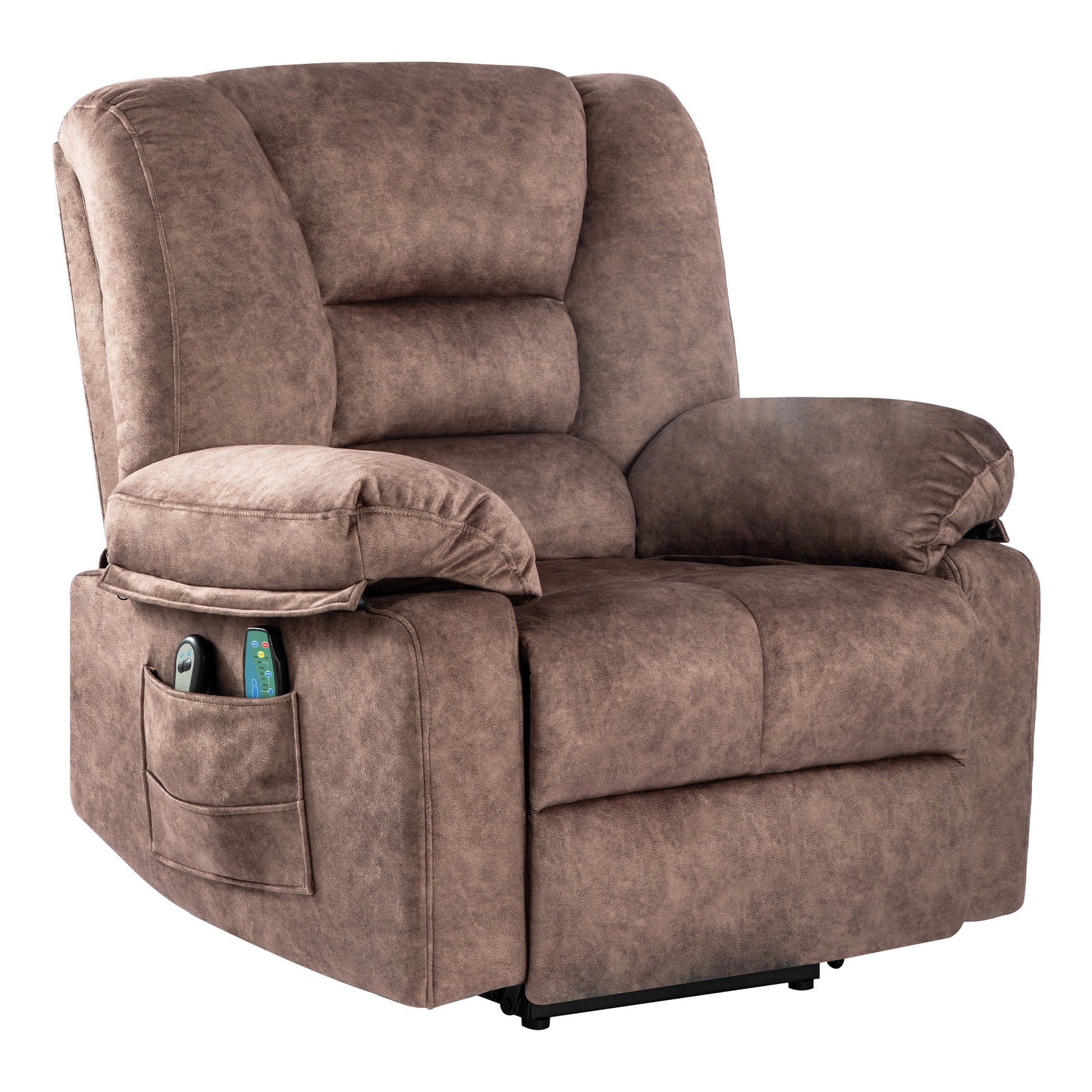 Brown fabric recliner chair with media pocket and remotes  chars