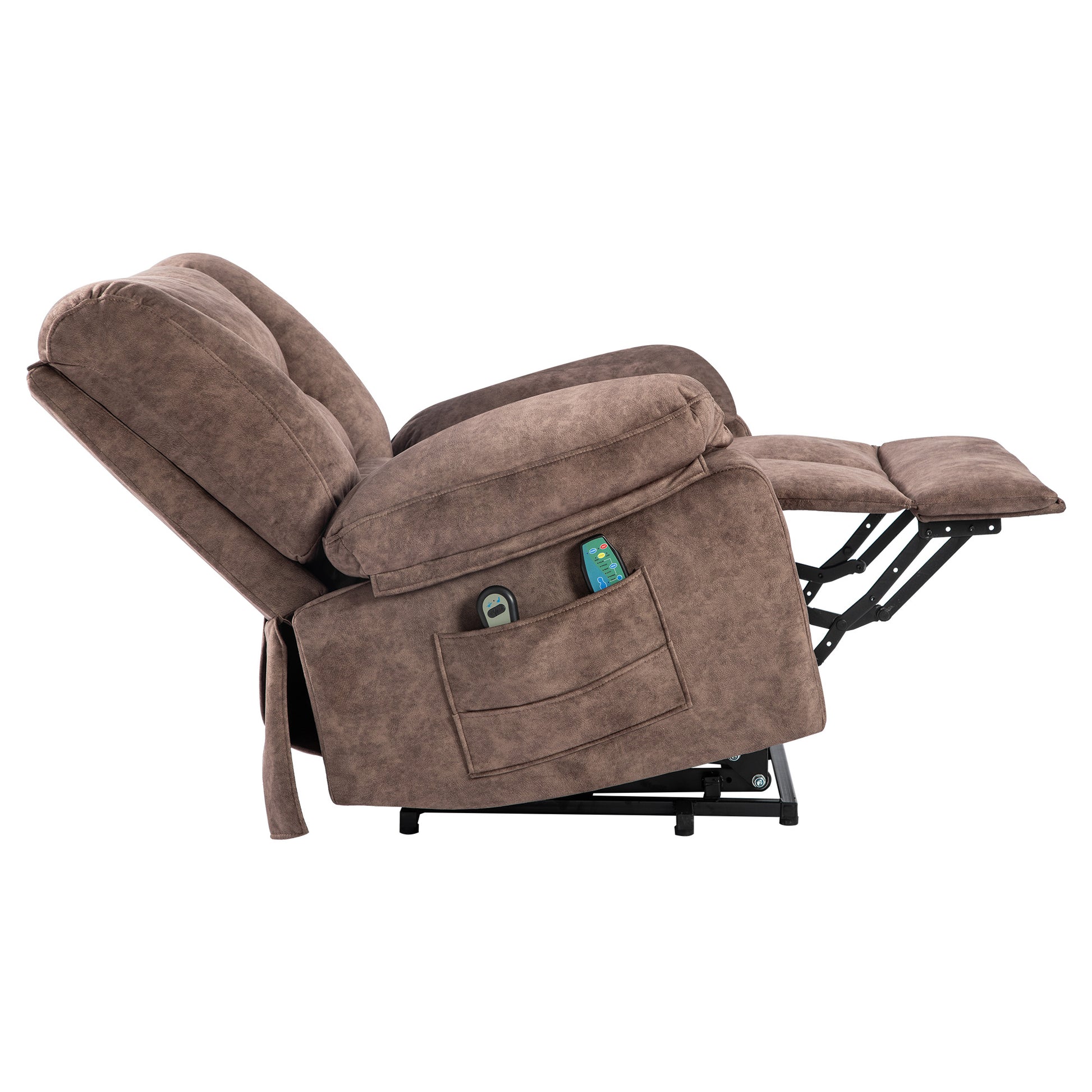 Brown fabric power recliner with footrest extended showing side pocket with remotes