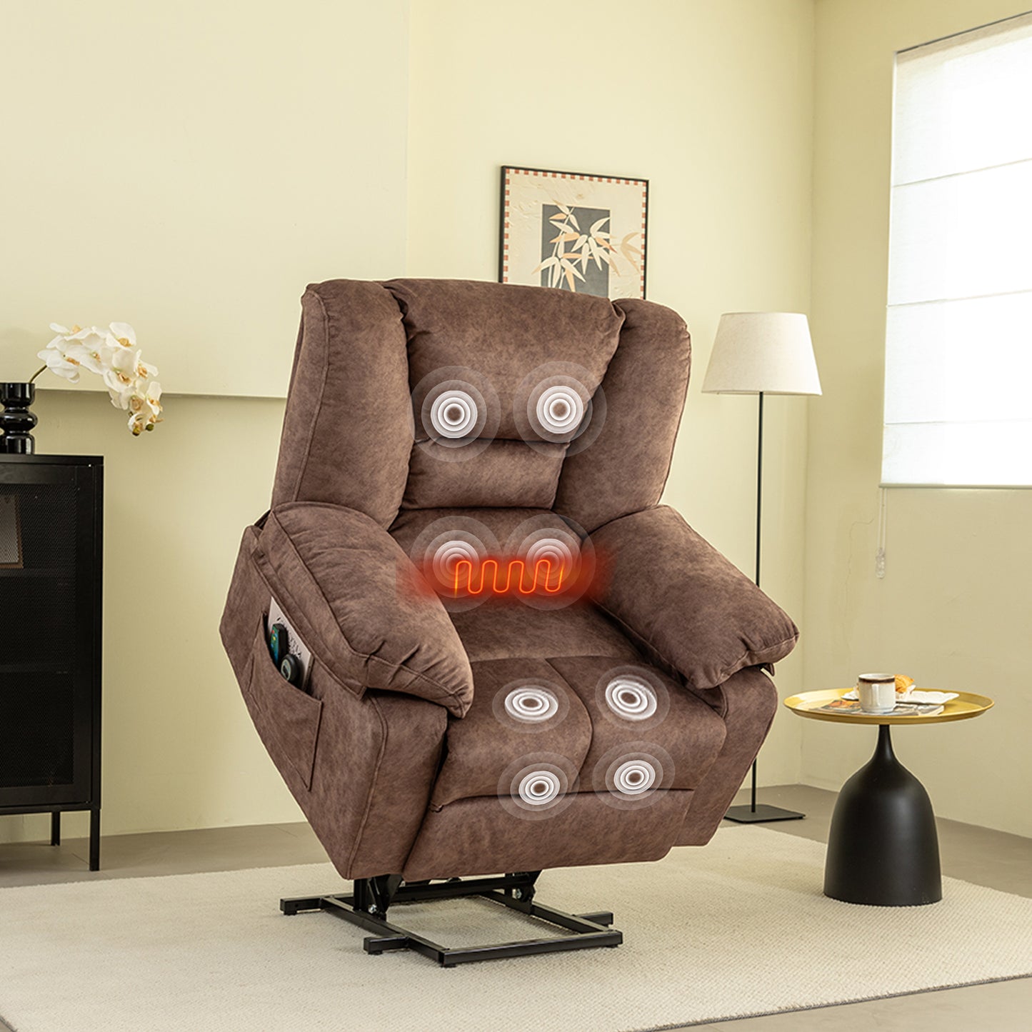 Brown recliner chair with heating and massage functions for ultimate relaxation