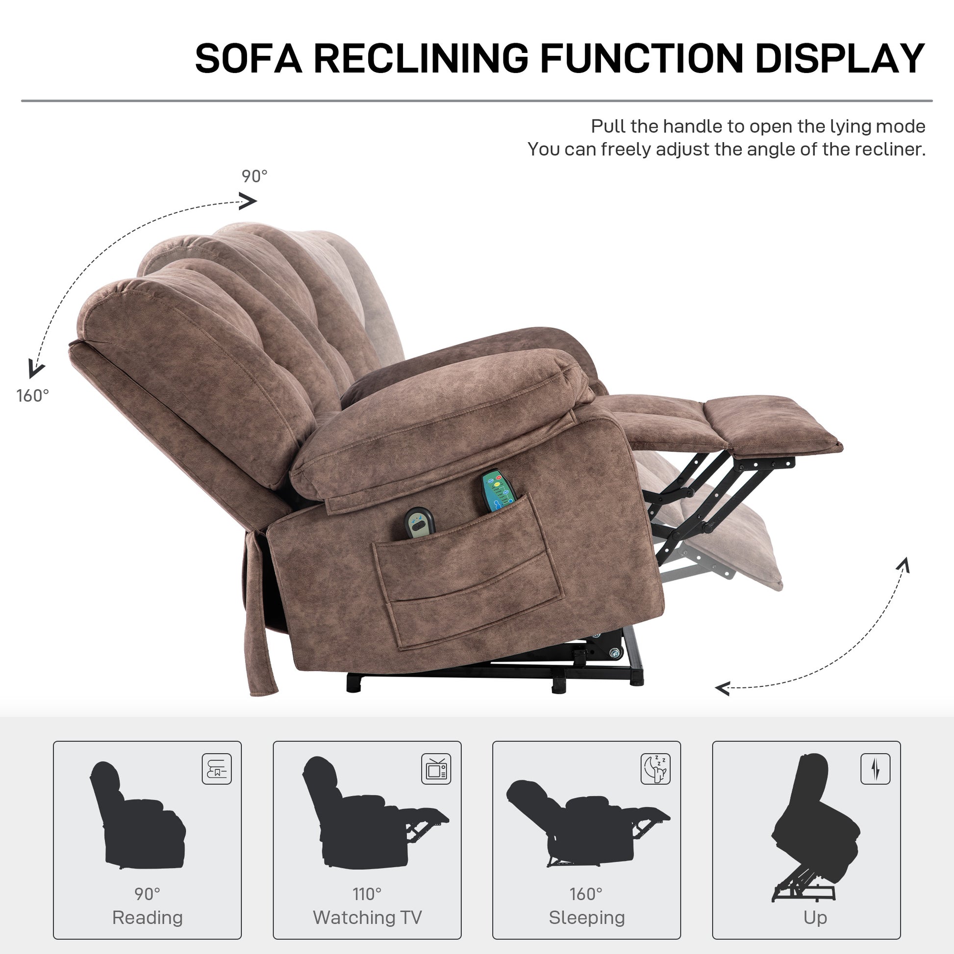 Brown fabric recliner sofa with adjustable reclining function for various positions