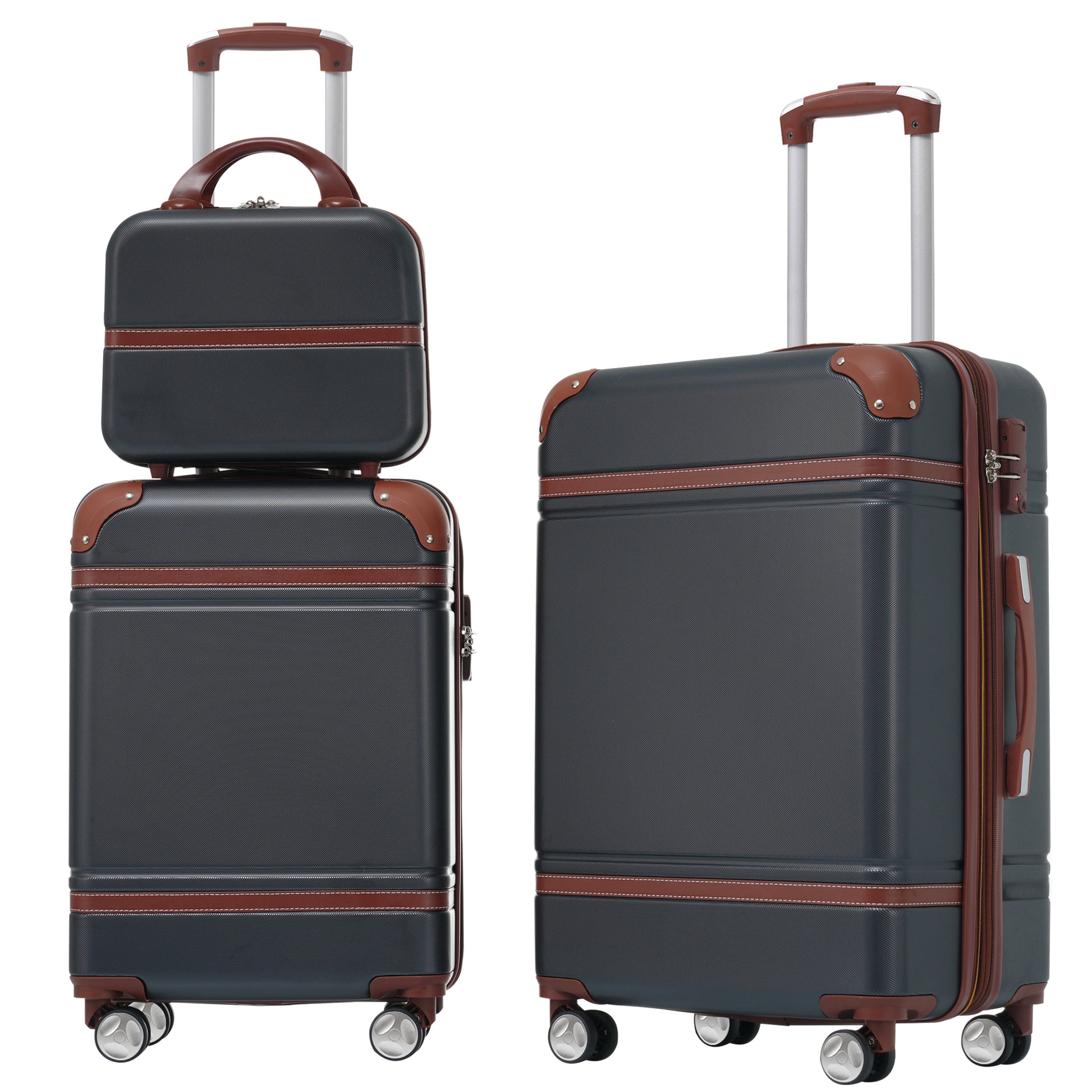 Dark grey hardshell suitcase set with brown trim and telescopic handle ideal for travel