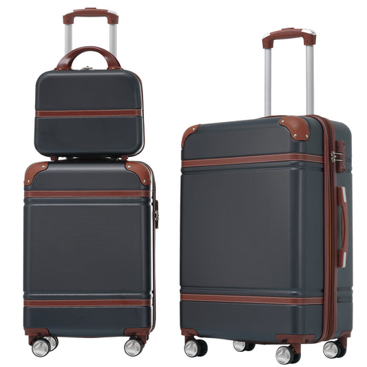 Dark grey hardshell suitcase set with brown trim and telescopic handle ideal for travel