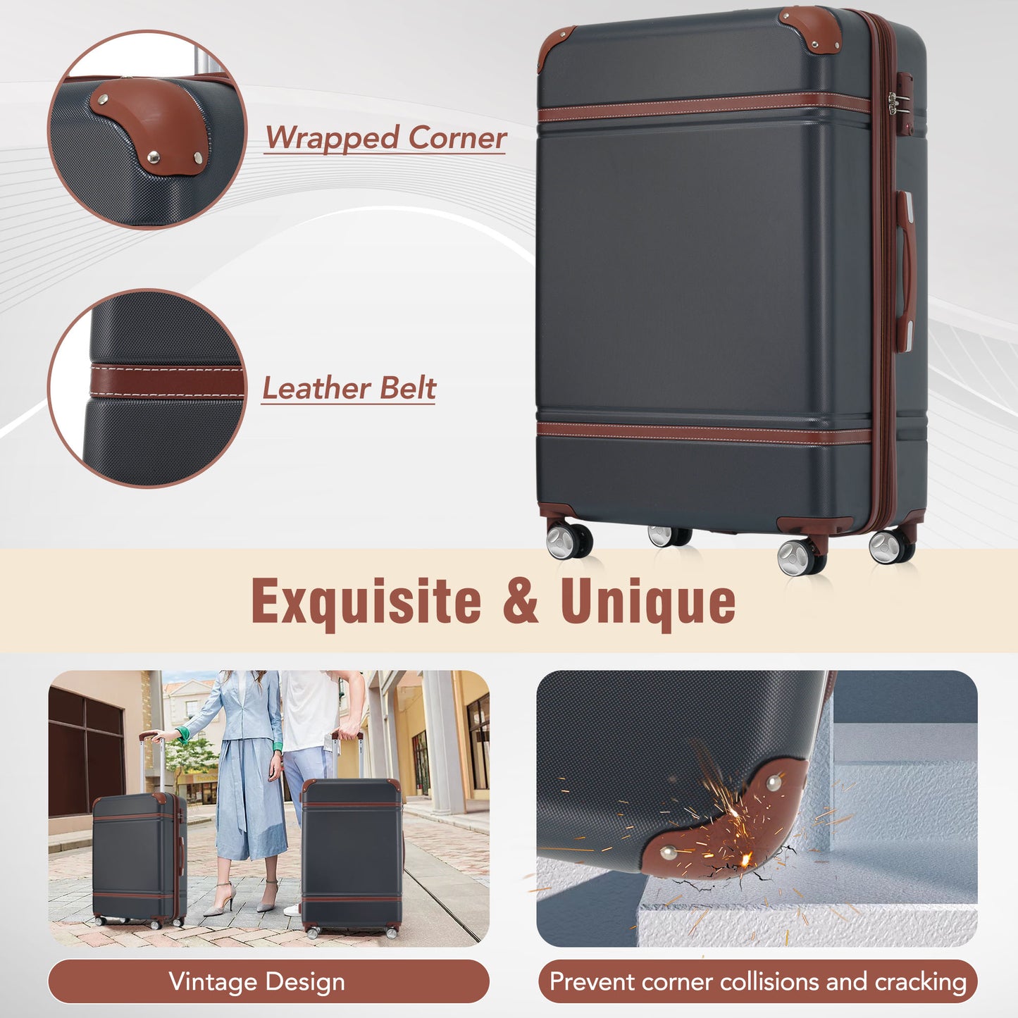 Dark grey vintage luggage with brown leather accents and four spinner wheels