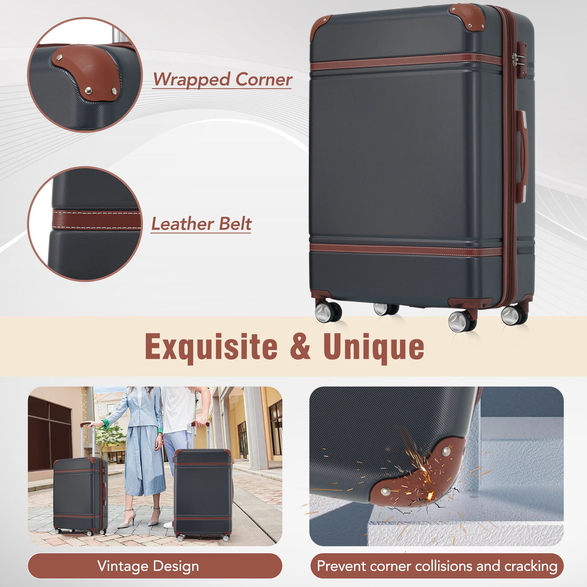 Dark grey vintage luggage with brown leather accents and four spinner wheels