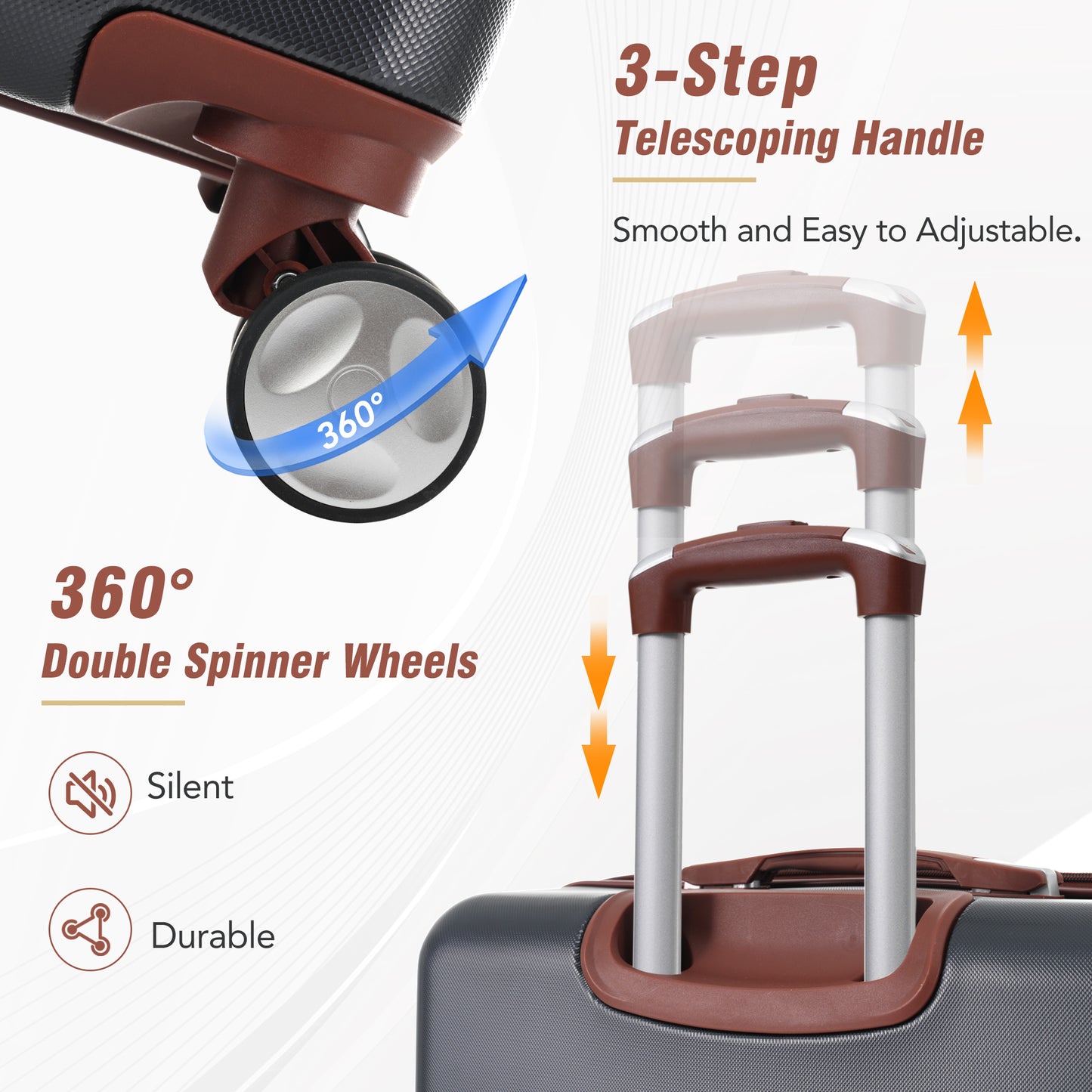 Closeup of spinner luggage with degree double spinner wheels for easy maneuverability