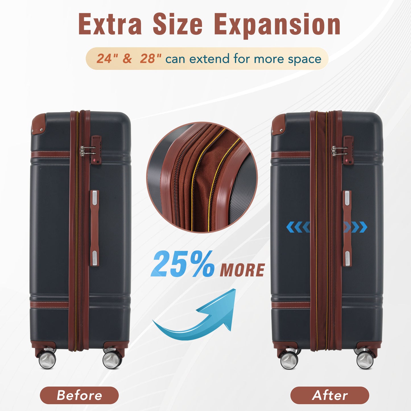 Dark navy expandable suitcase with brown trim before expansion