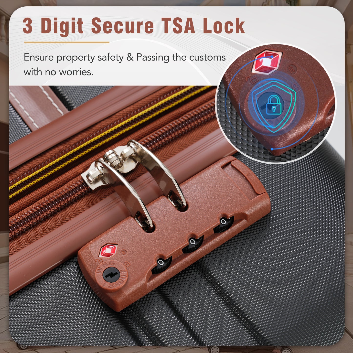 Brown digit TSA lock with silver zipper pull on a textured black suitcase
