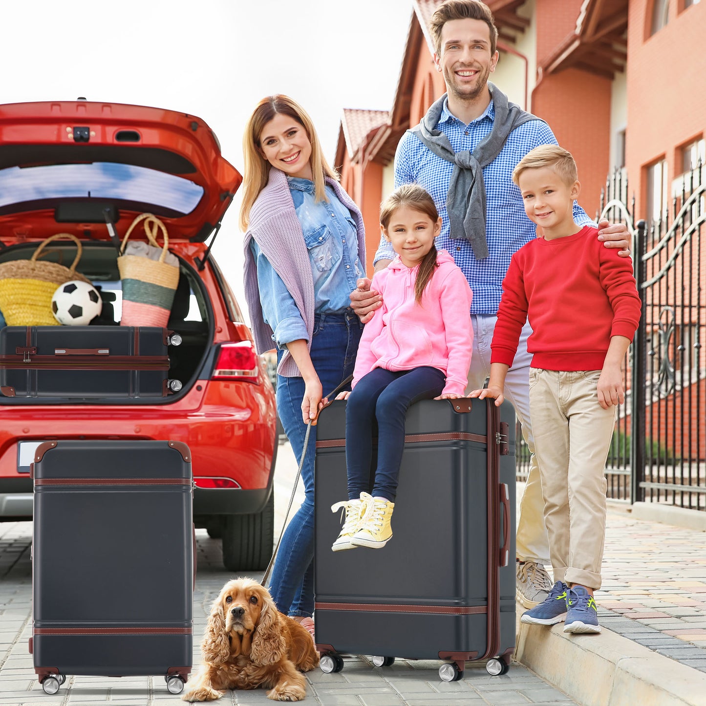 Dark gray wheeled suitcase with brown accents ideal for family travel