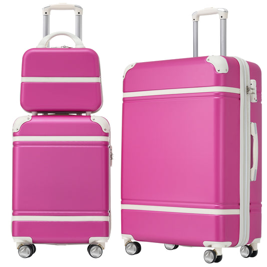 Two pink hardshell suitcases one stacked on the other with white accents and silver handles