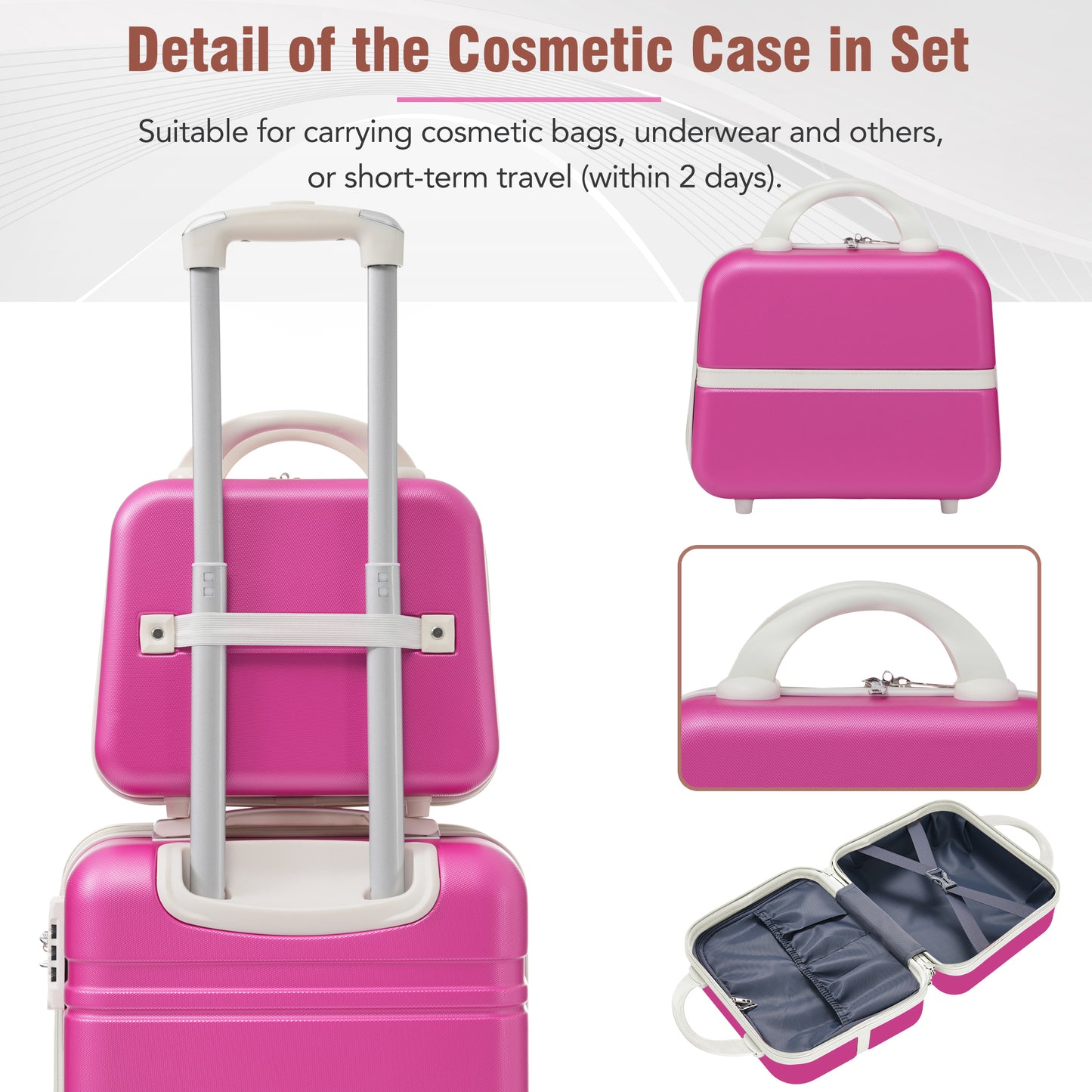 Bright pink hardshell cosmetic case with white handle and trim ideal for travel