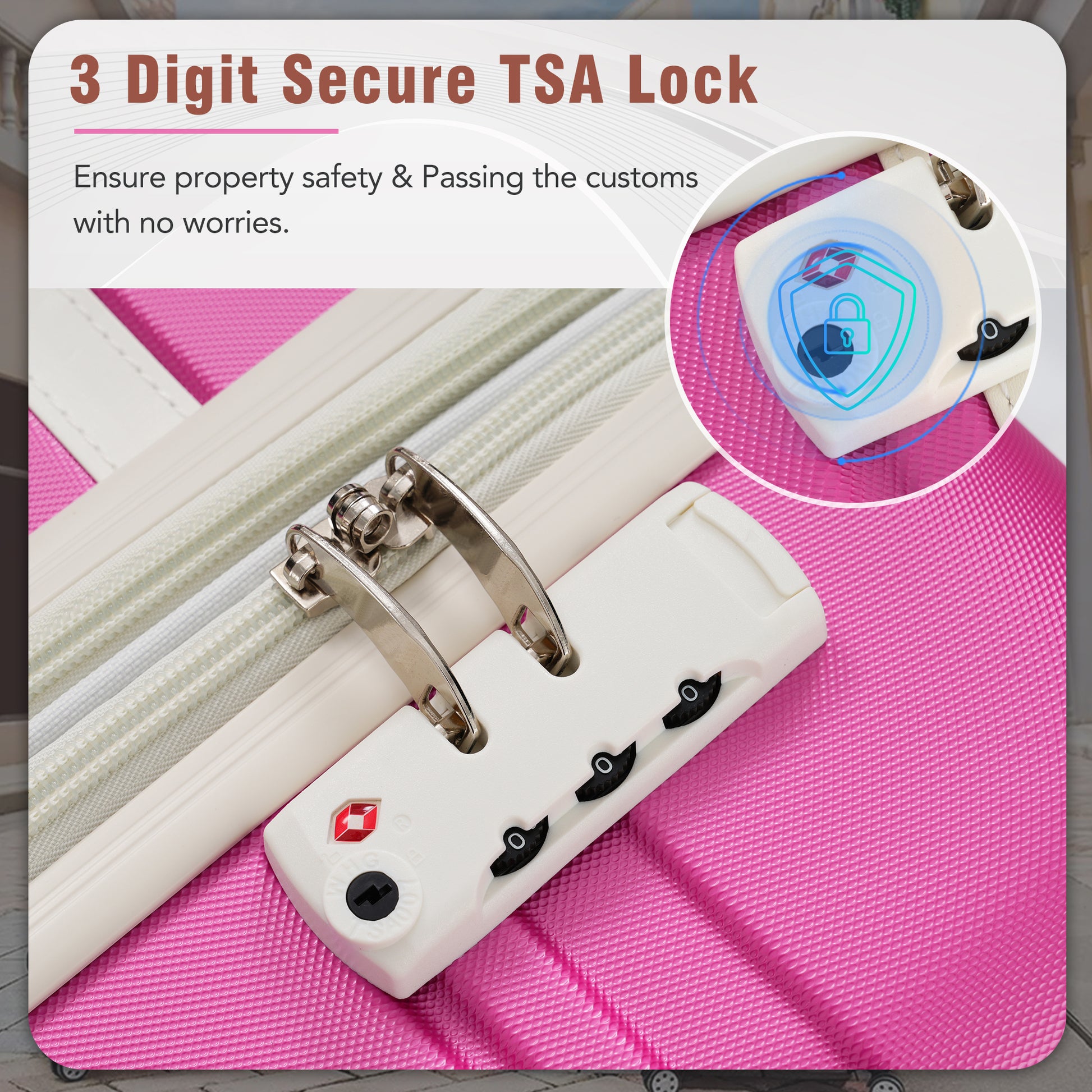 Pink suitcase with a white digit TSA lock for secure travel