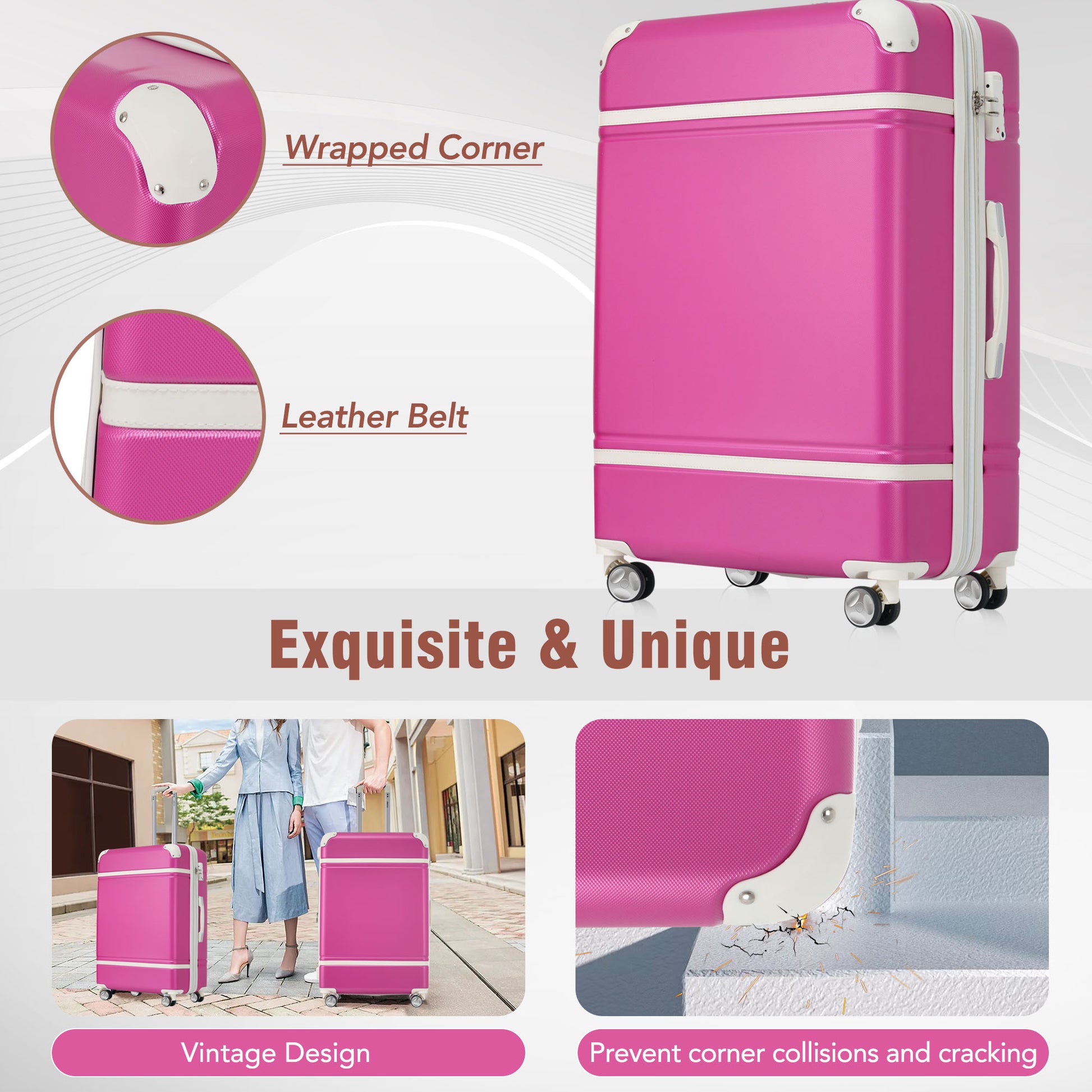 Bright pink rolling suitcase with white trim and wrapped corners