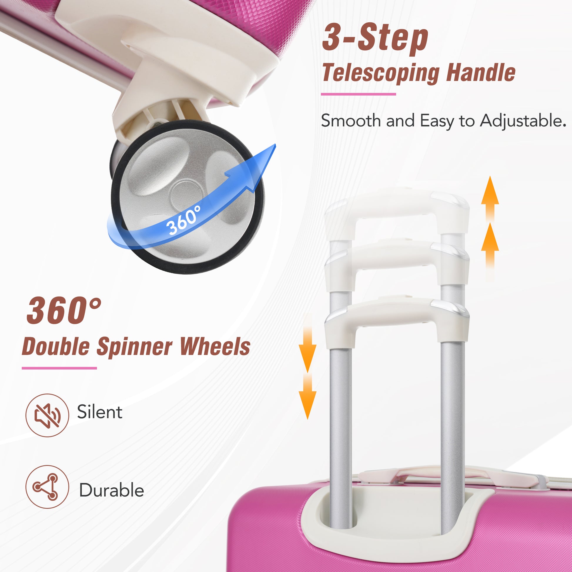 Pink hardshell suitcase with degree double spinner wheels for smooth travel
