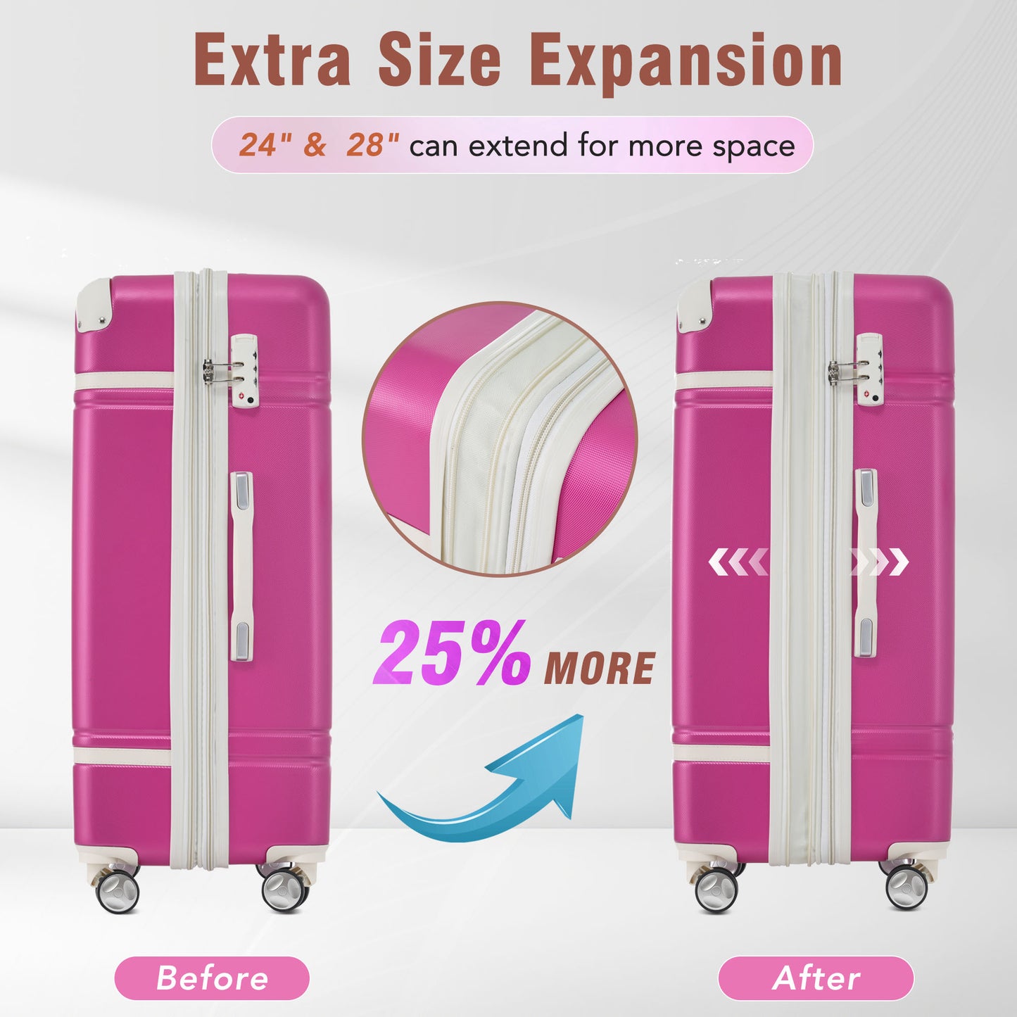 Pink expandable luggage case showing  more space after unzipping