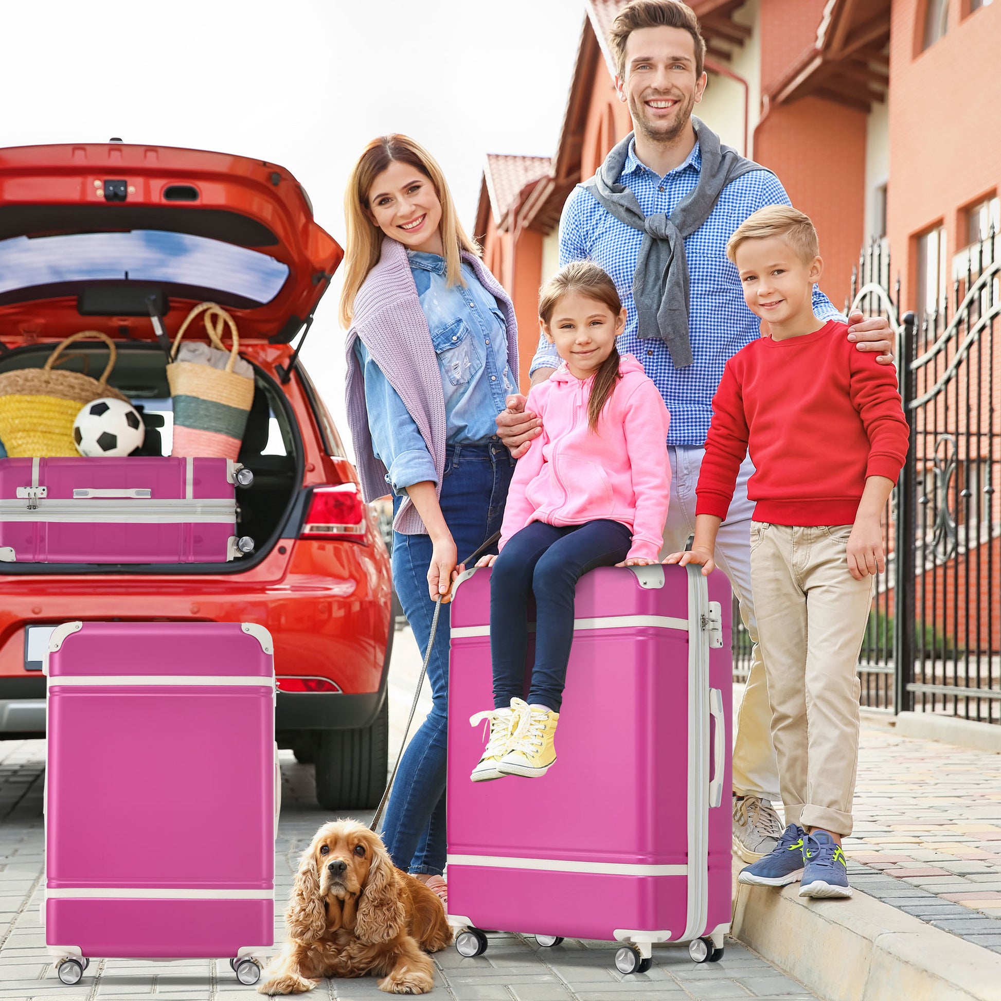 Pink polycarbonate luggage with white accents perfect for family vacations and travel
